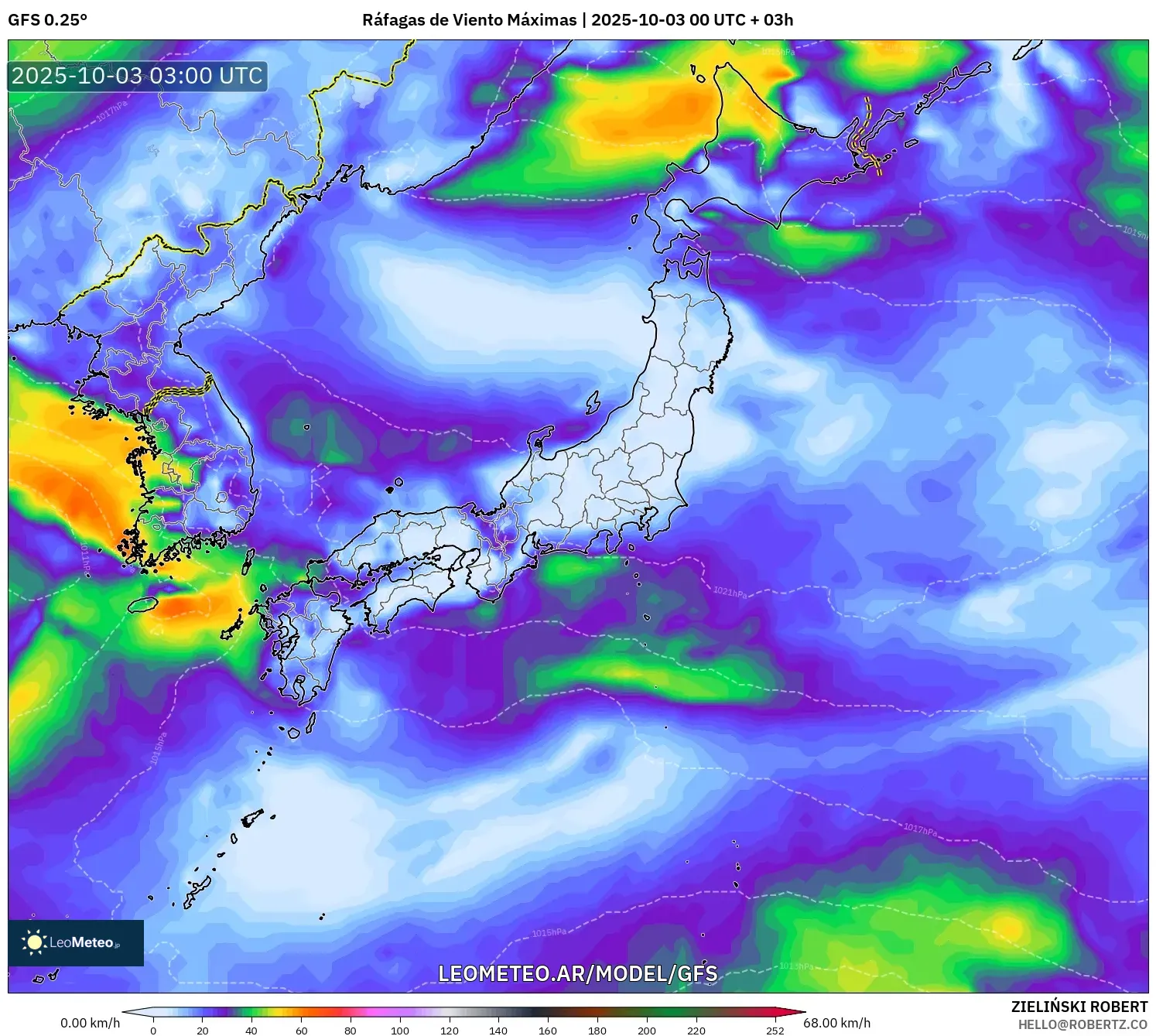 GFS model - Japón, Ráfagas de Viento Máximas