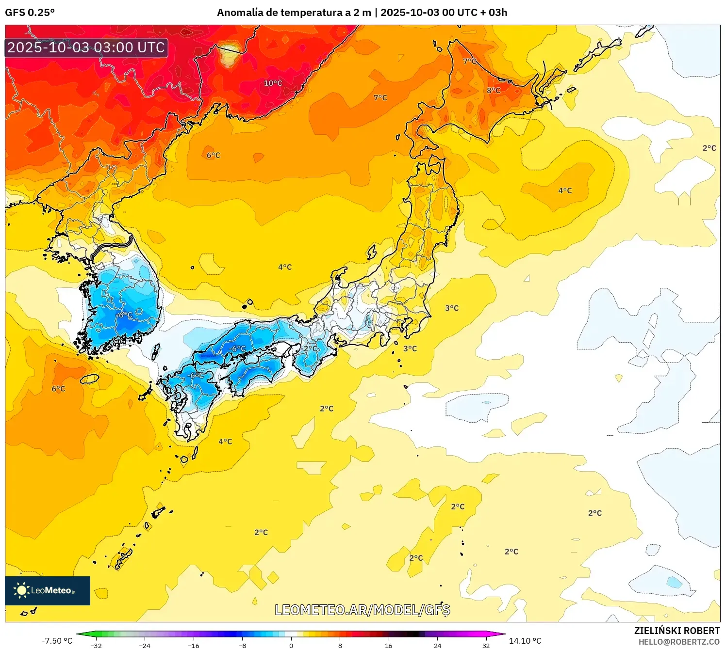 GFS model - Japón, Anomalía de temperatura a 2 m