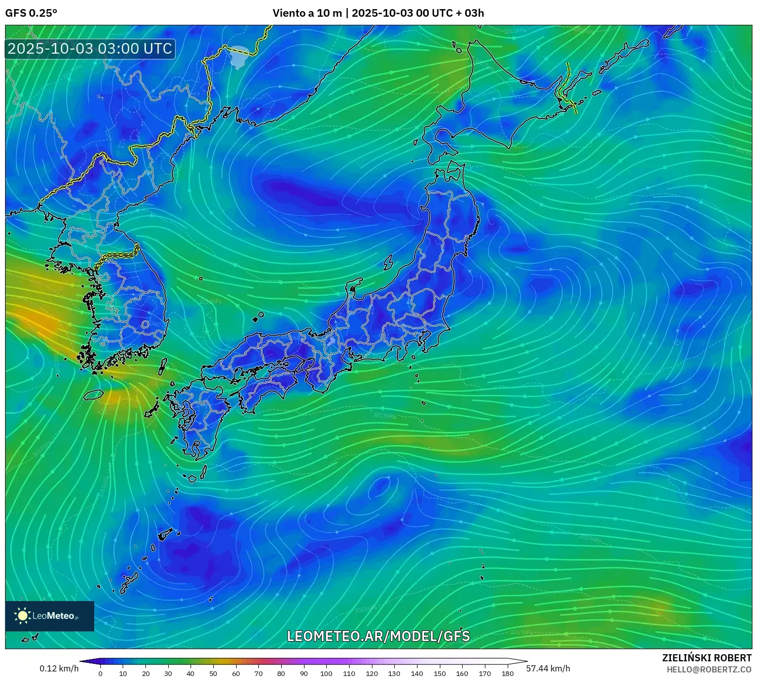 GFS model - Japón, Viento a 10 m
