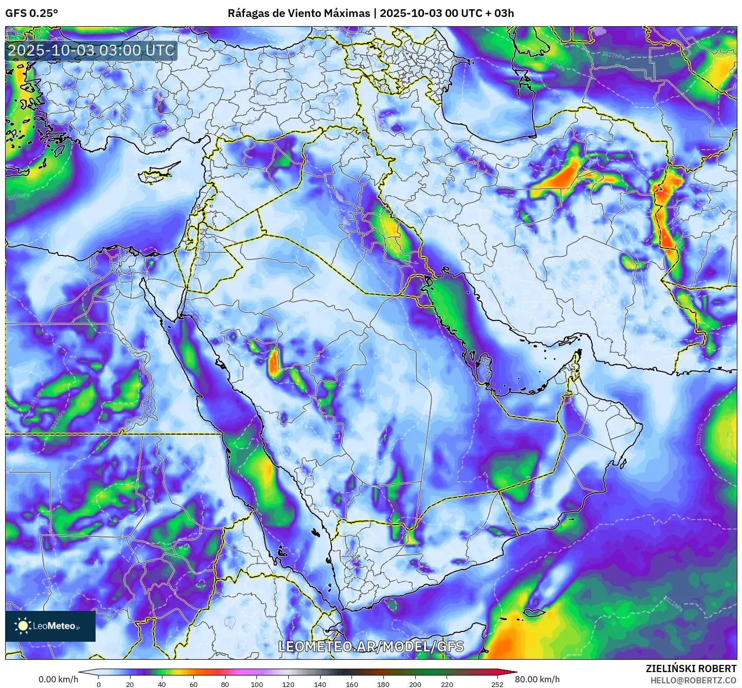 GFS model - Oriente Medio, Ráfagas de Viento Máximas