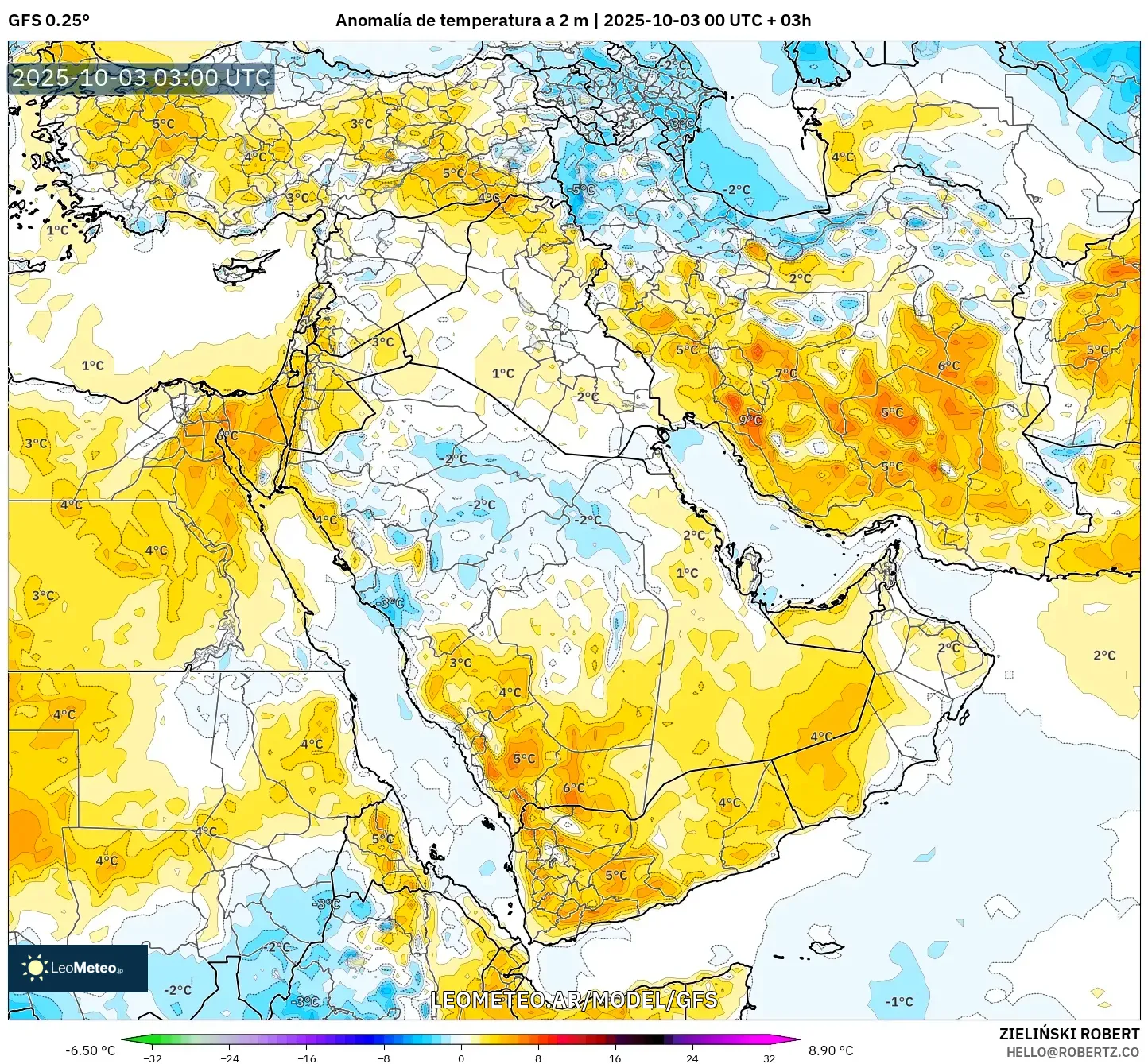 GFS model - Oriente Medio, Anomalía de temperatura a 2 m