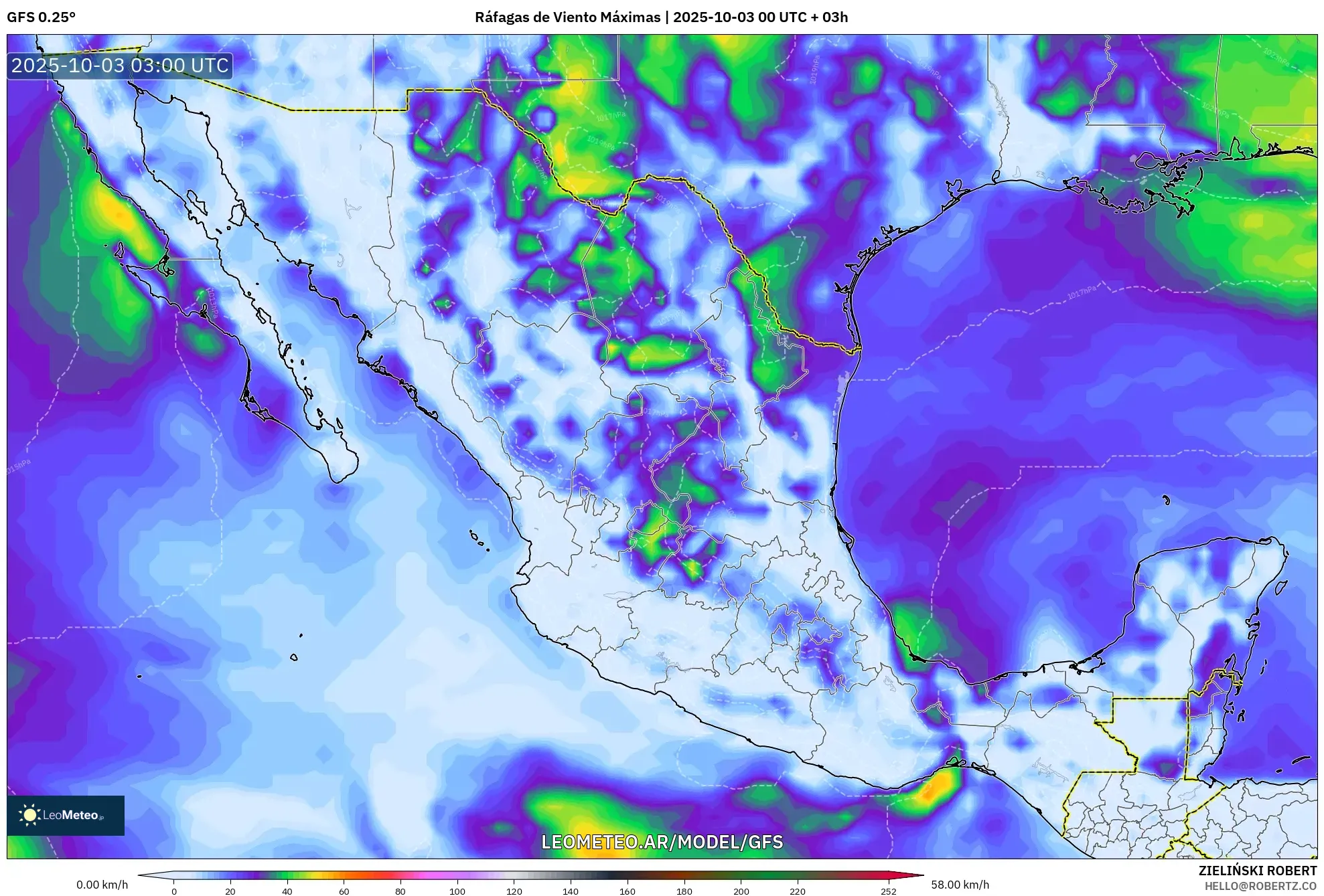 GFS model - México, Ráfagas de Viento Máximas