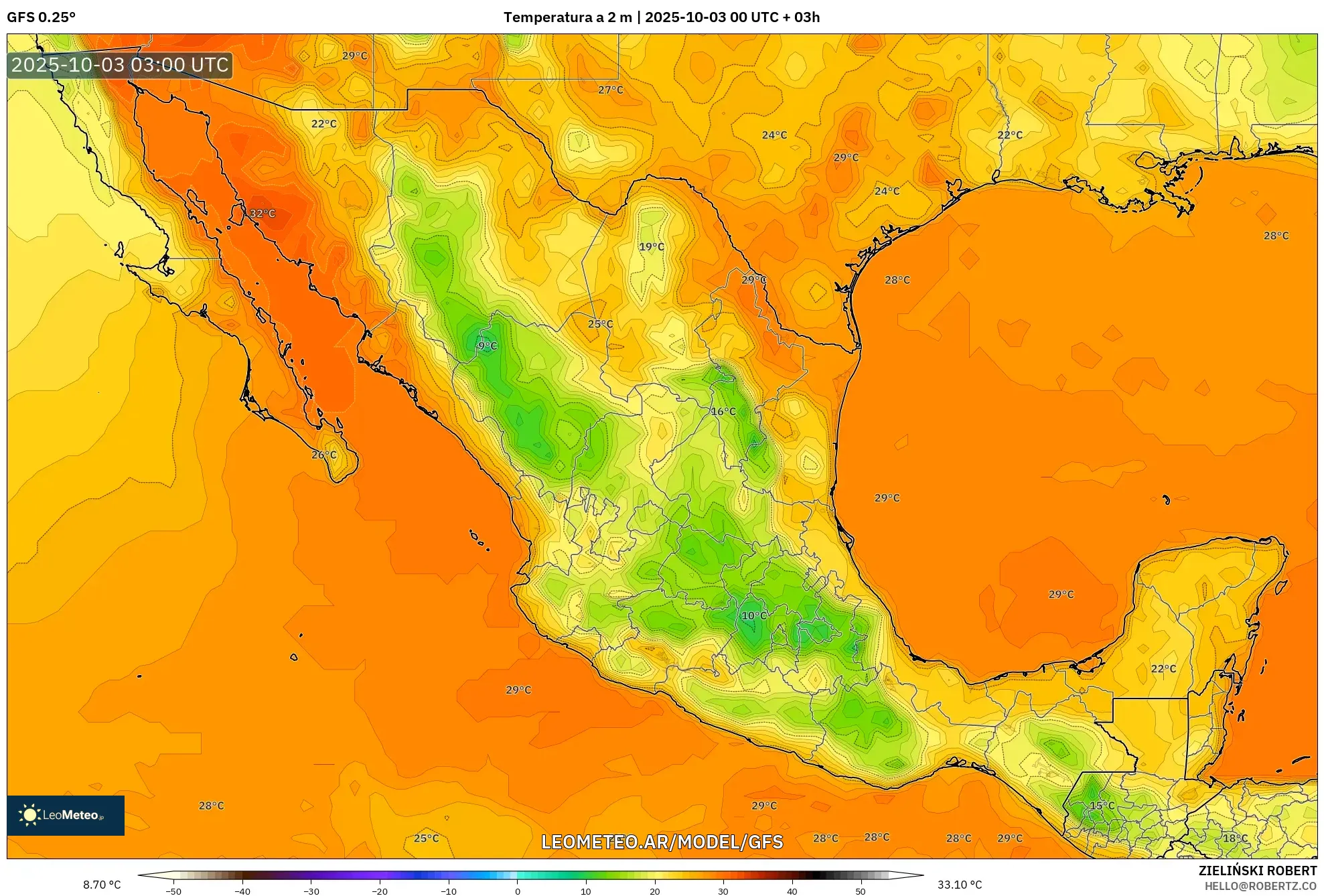GFS model - México, Temperatura a 2 m