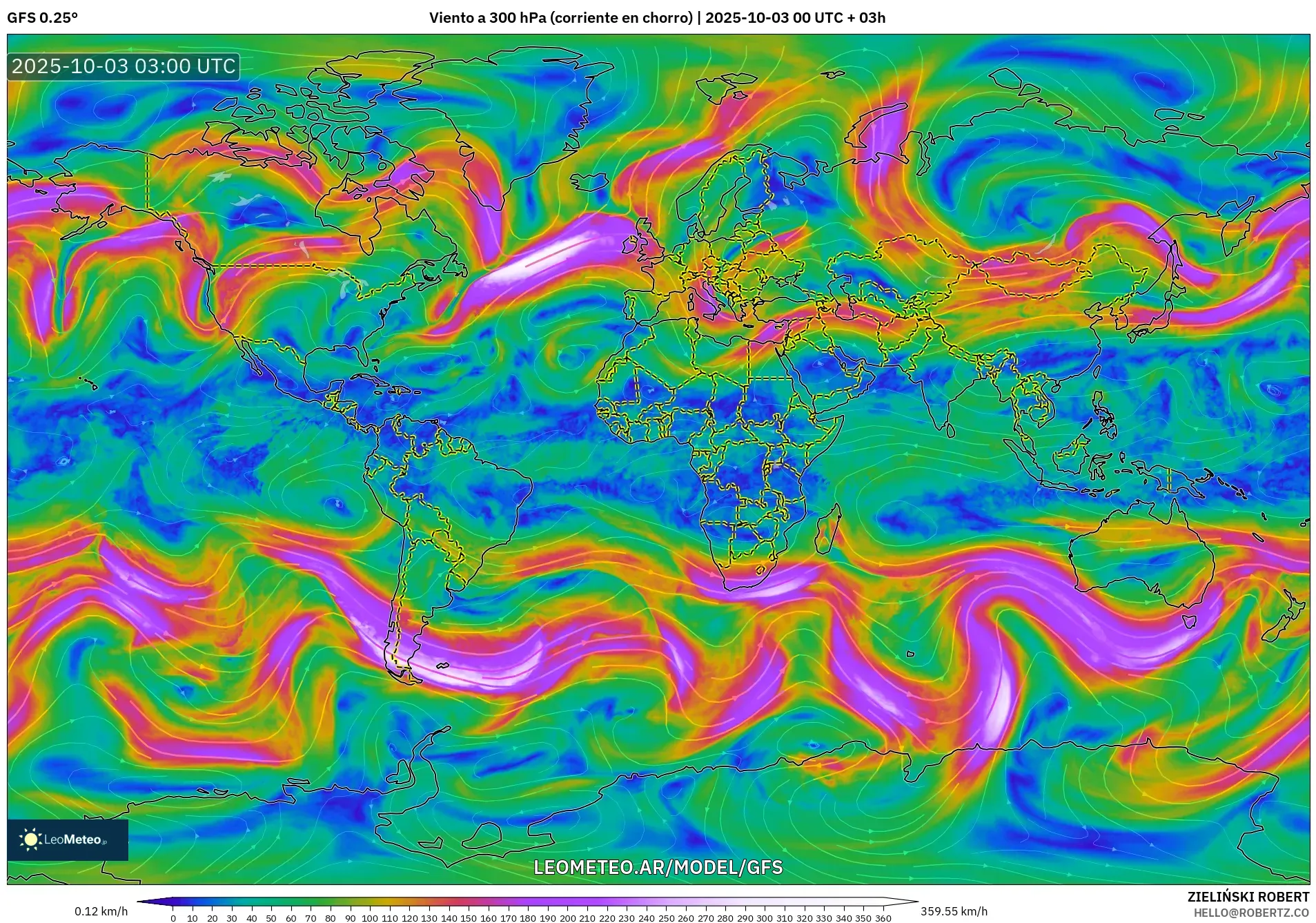 GFS model - Mundo, Viento a 300 hPa (corriente en chorro)