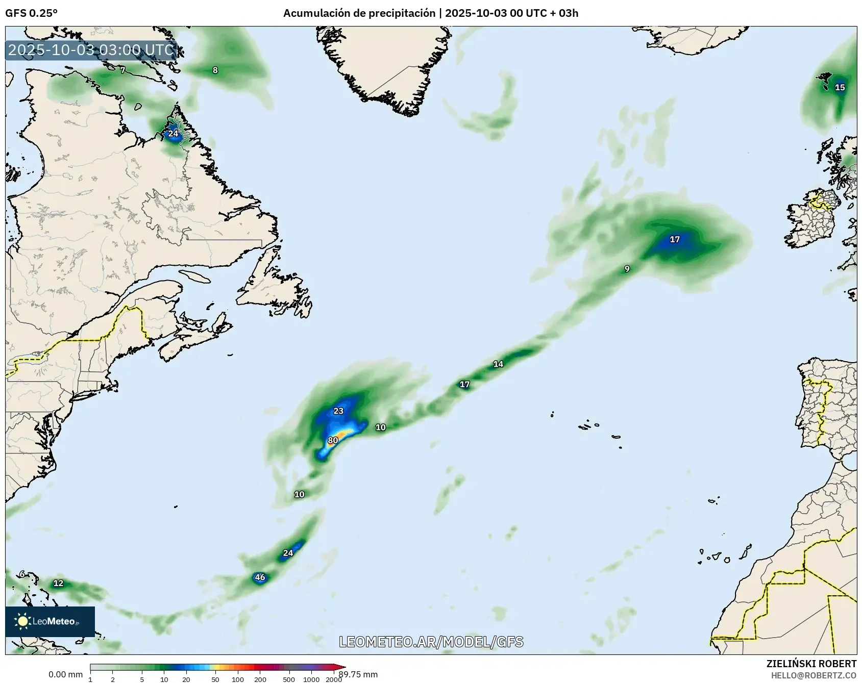 GFS model - Norte Atlántico, Acumulación de precipitación