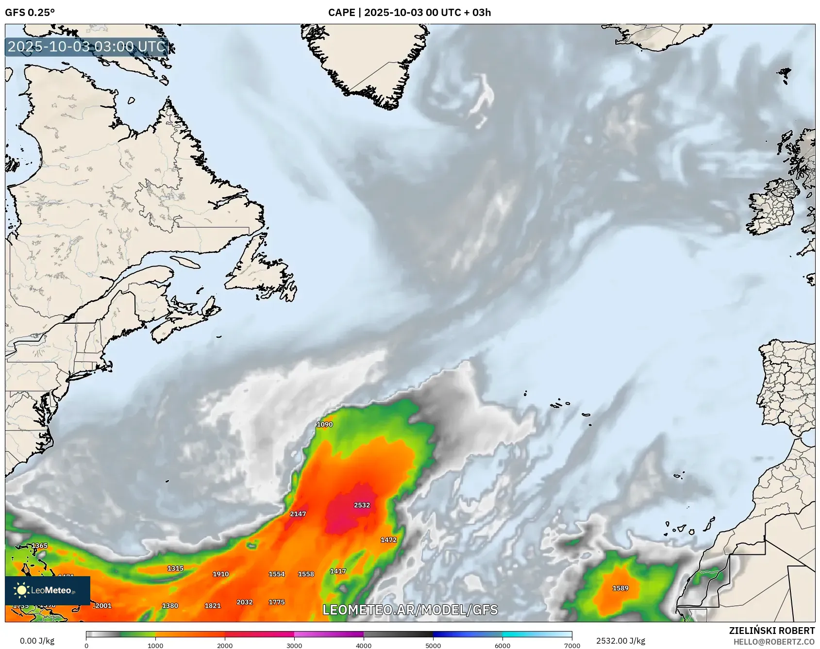 GFS model - Norte Atlántico, CAPE