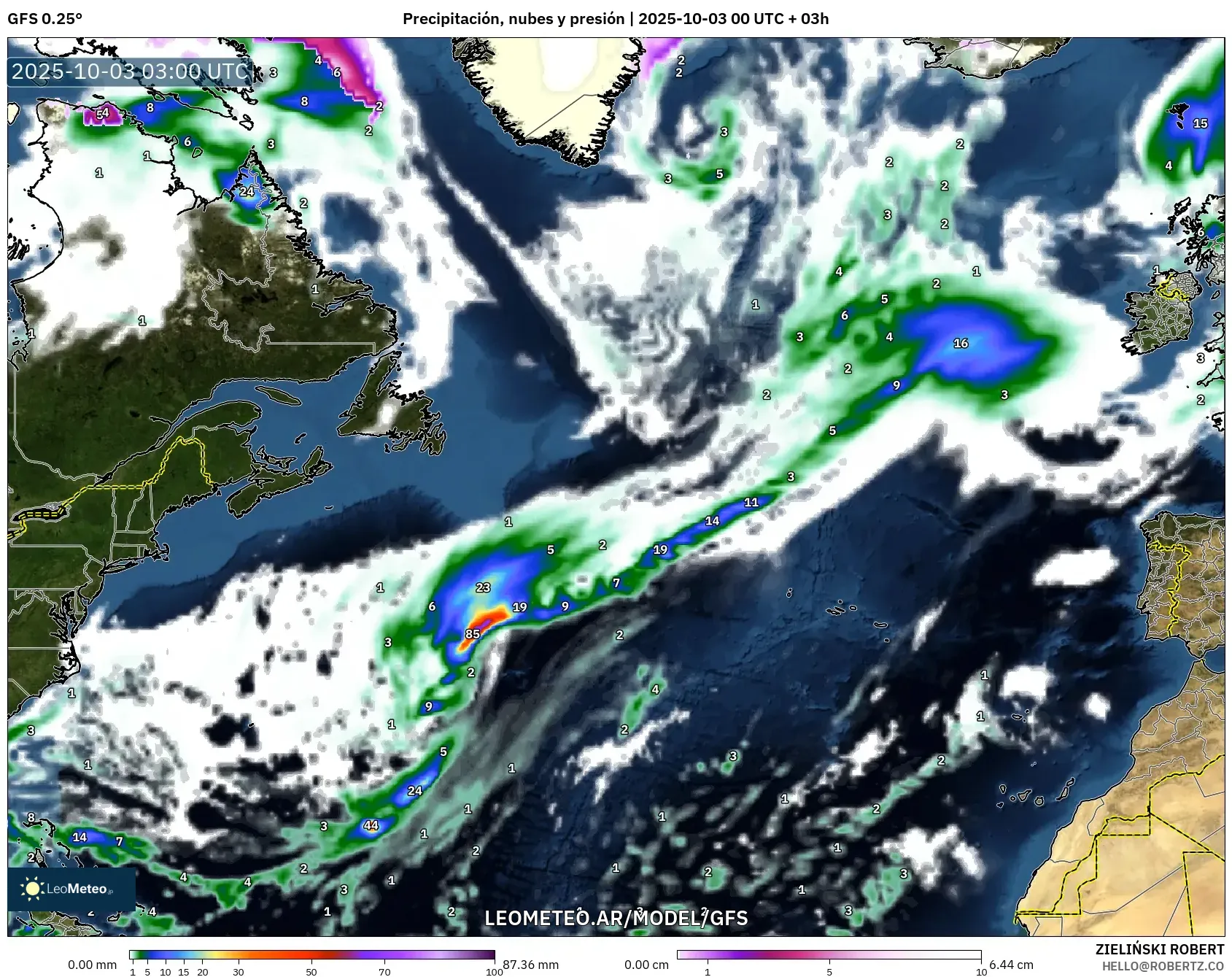 GFS model - Norte Atlántico, Precipitación, nubes y presión