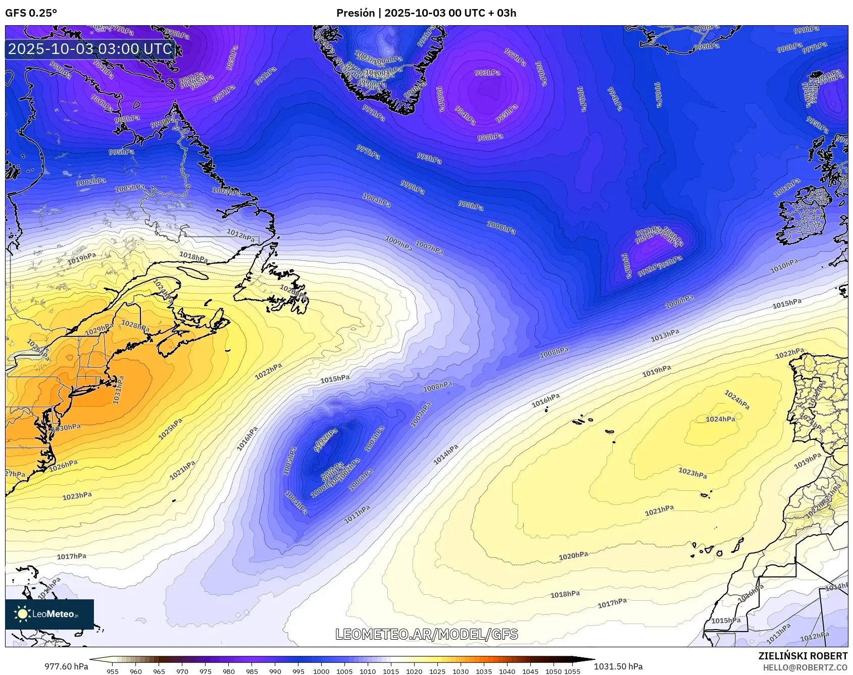 GFS model - Norte Atlántico, Presión