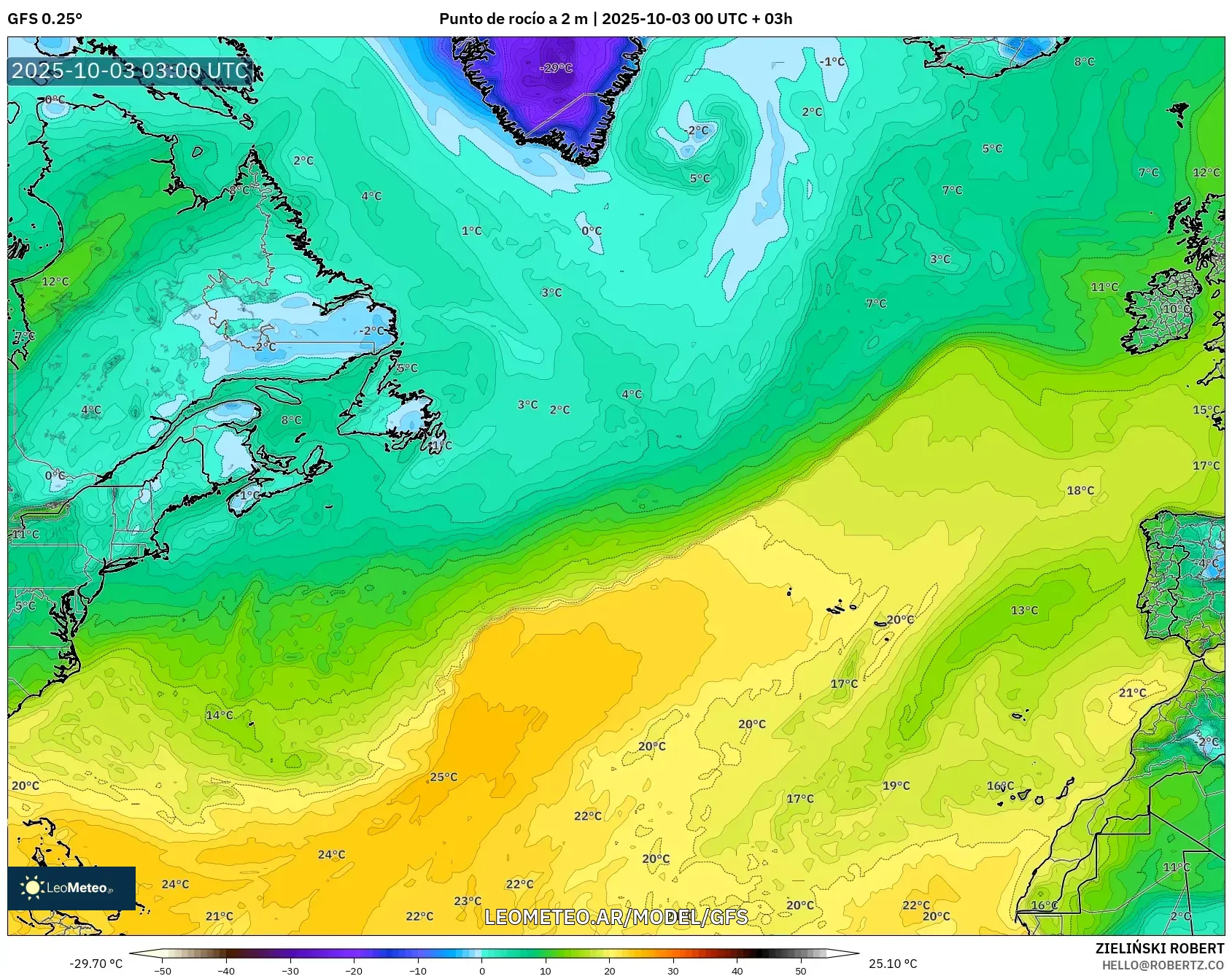 GFS model - Norte Atlántico, Punto de rocío a 2 m