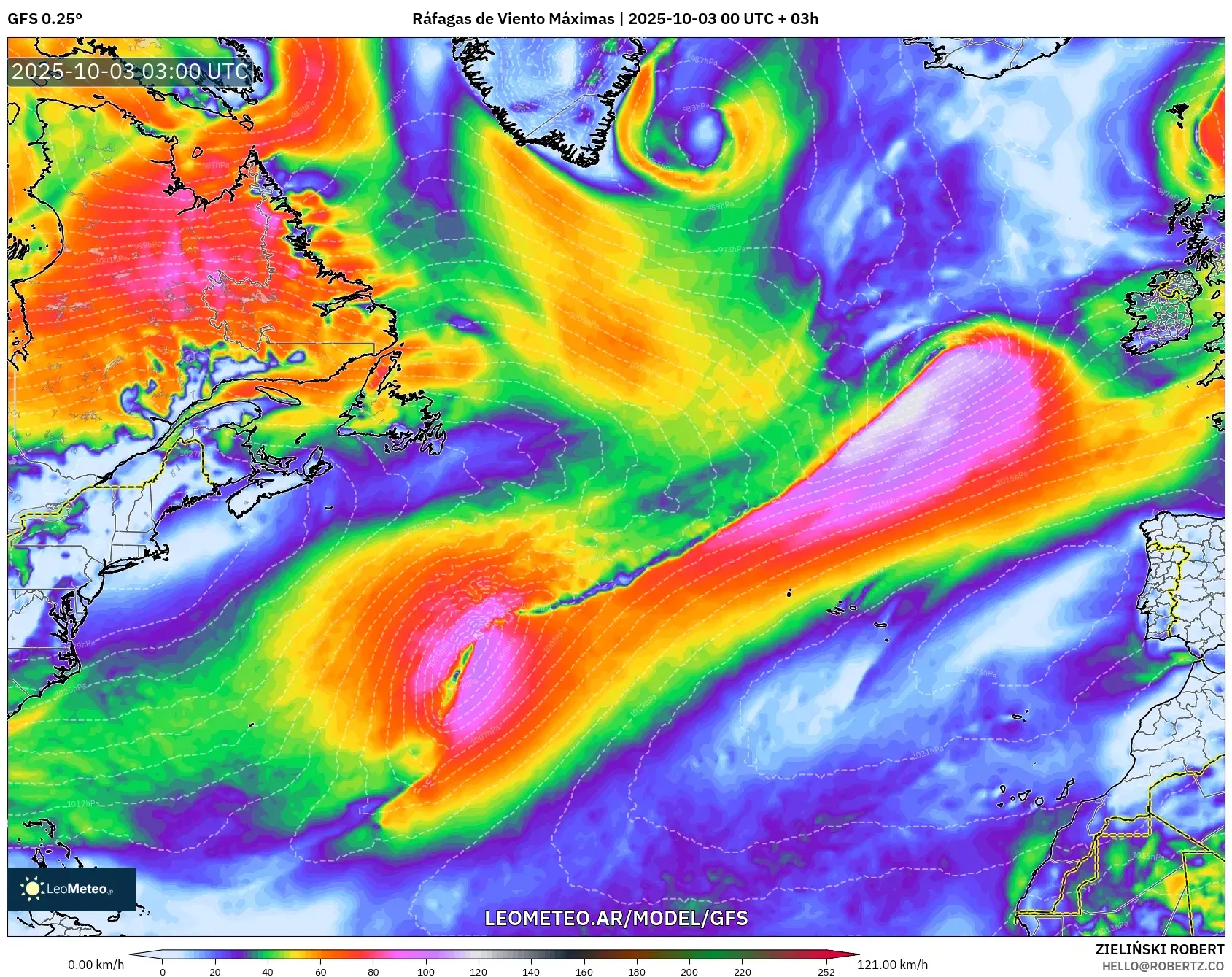 GFS model - Norte Atlántico, Ráfagas de Viento Máximas