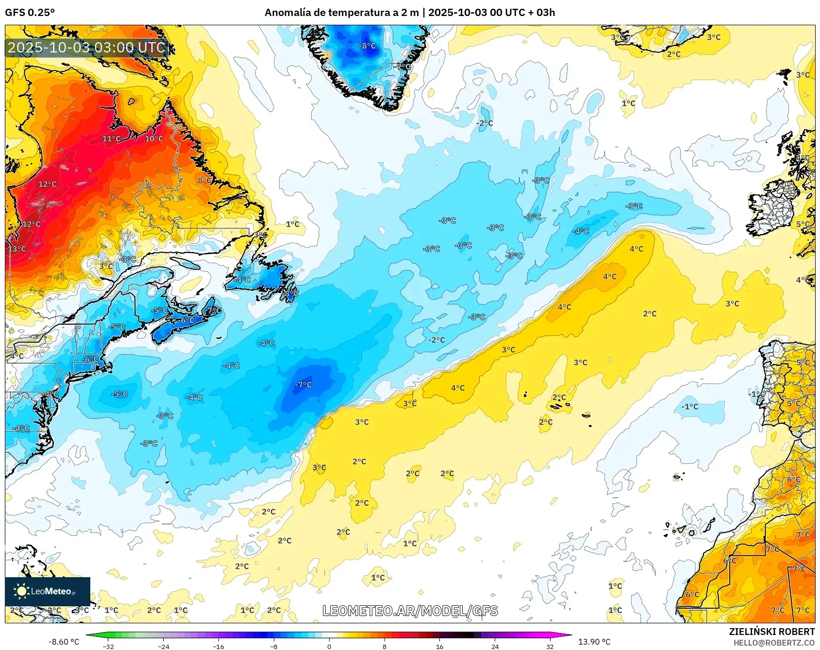 GFS model - Norte Atlántico, Anomalía de temperatura a 2 m