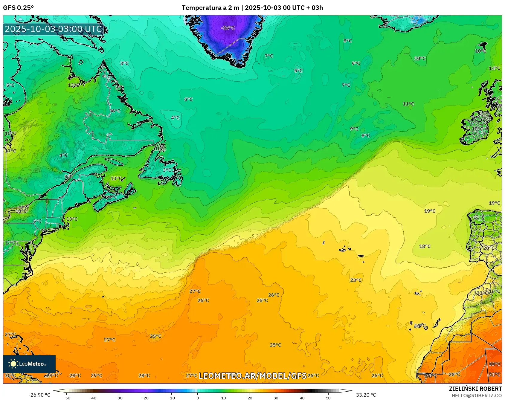 GFS model - Norte Atlántico, Temperatura a 2 m