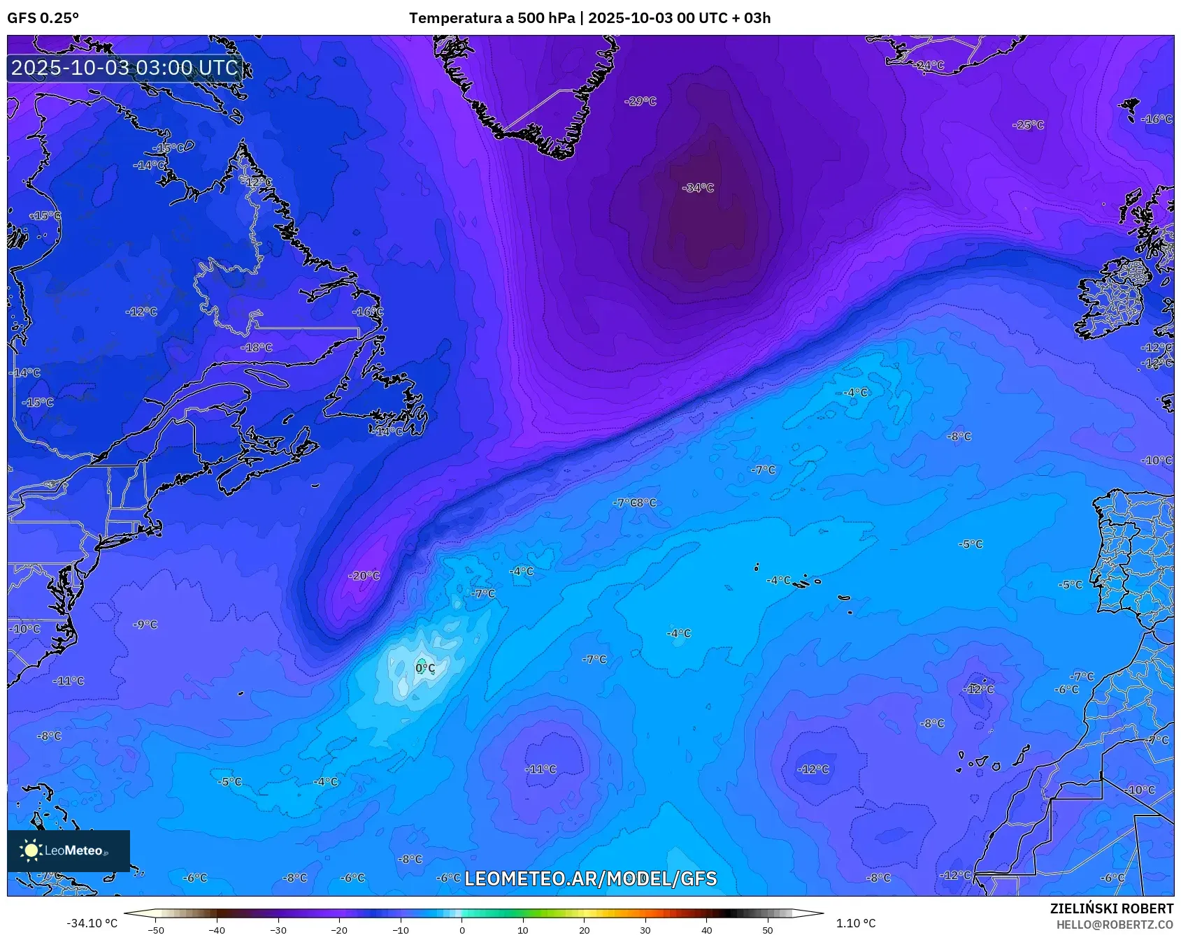 GFS model - Norte Atlántico, Temperatura a 500 hPa