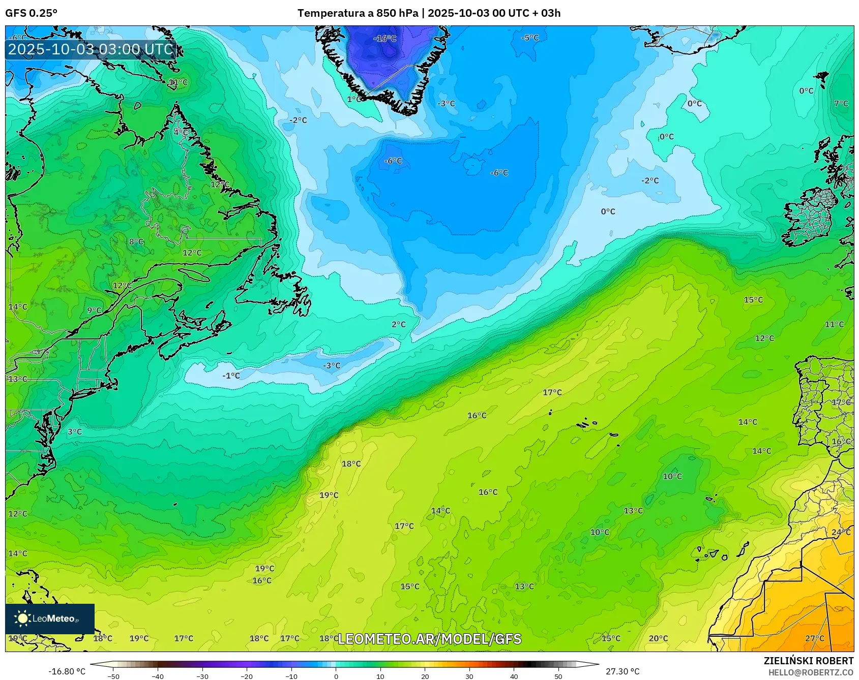 GFS model - Norte Atlántico, Temperatura a 850 hPa