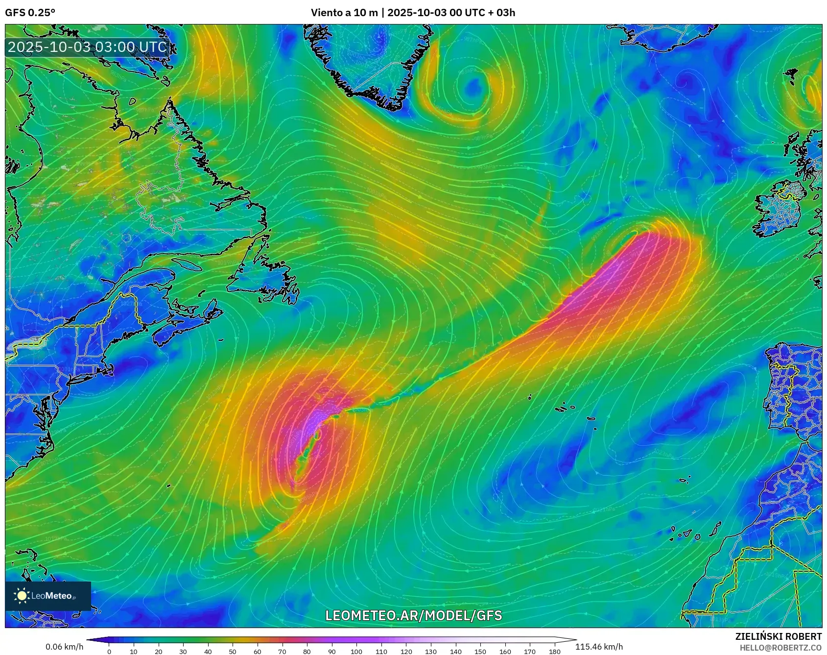 GFS model - Norte Atlántico, Viento a 10 m