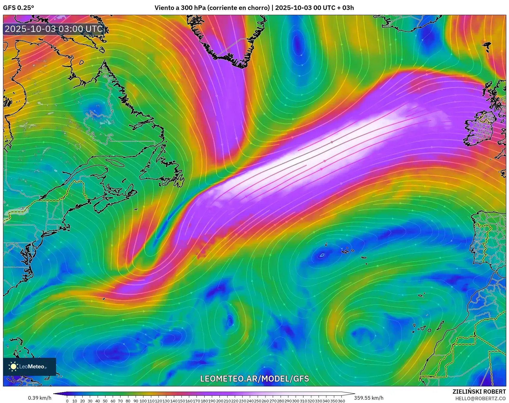 GFS model - Norte Atlántico, Viento a 300 hPa (corriente en chorro)