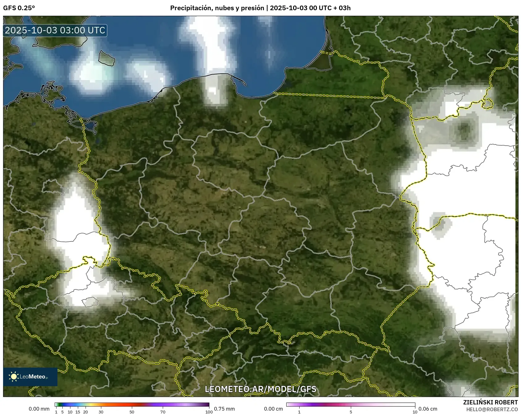 GFS model - Polonia, Precipitación, nubes y presión