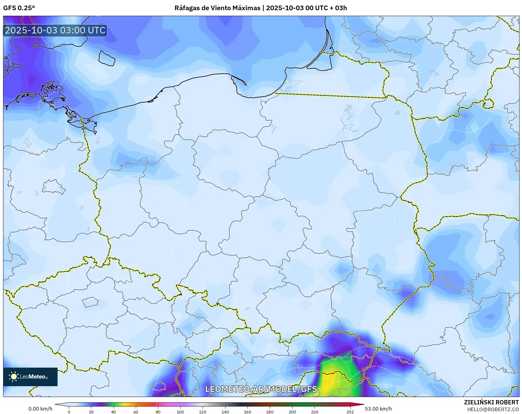 GFS model - Polonia, Ráfagas de Viento Máximas