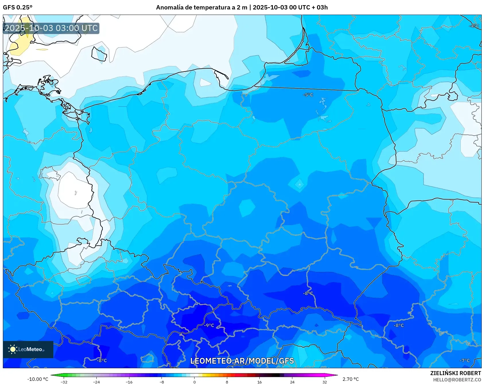 GFS model - Polonia, Anomalía de temperatura a 2 m