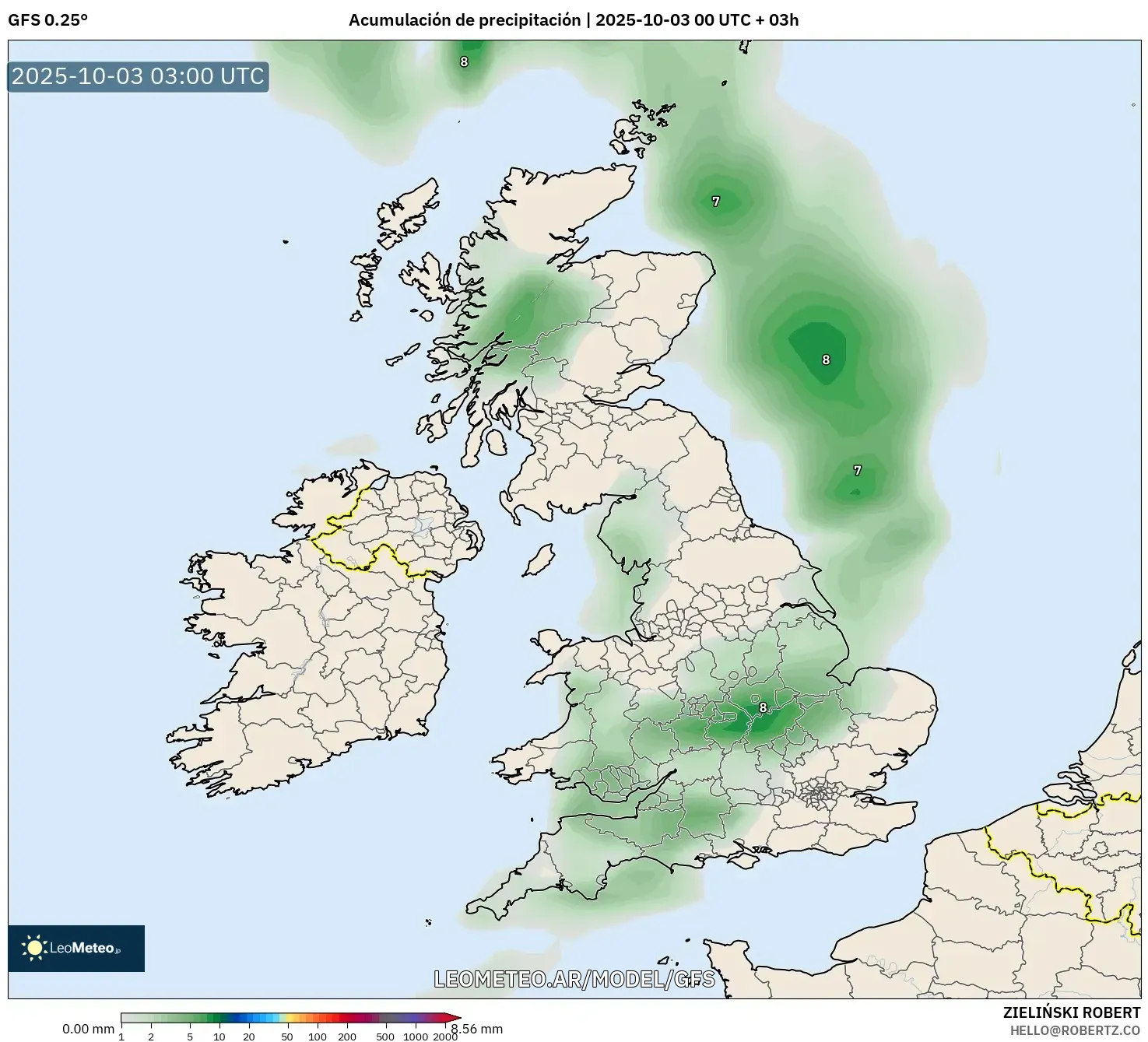 GFS model - Reino Unido, Acumulación de precipitación