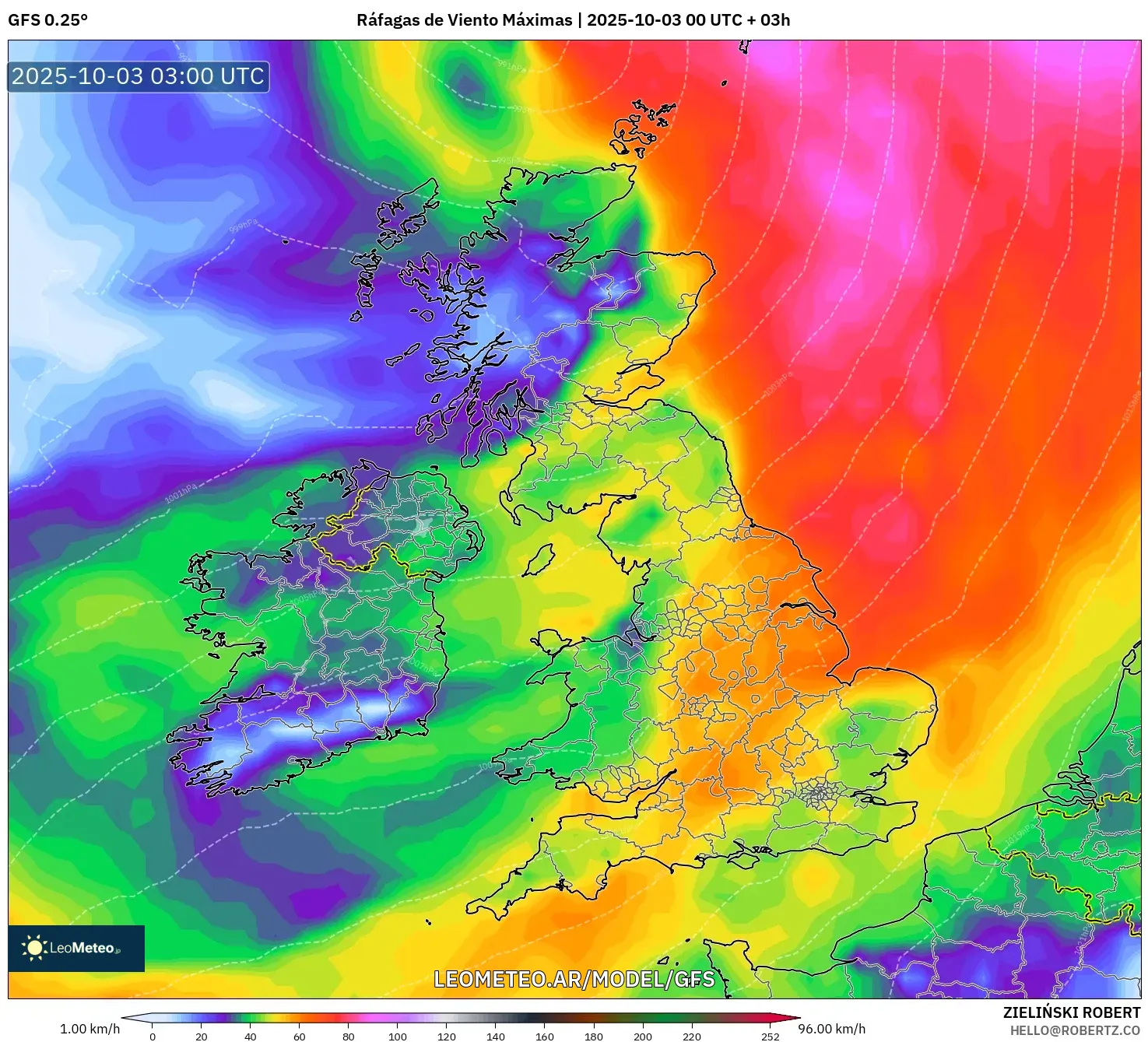 GFS model - Reino Unido, Ráfagas de Viento Máximas