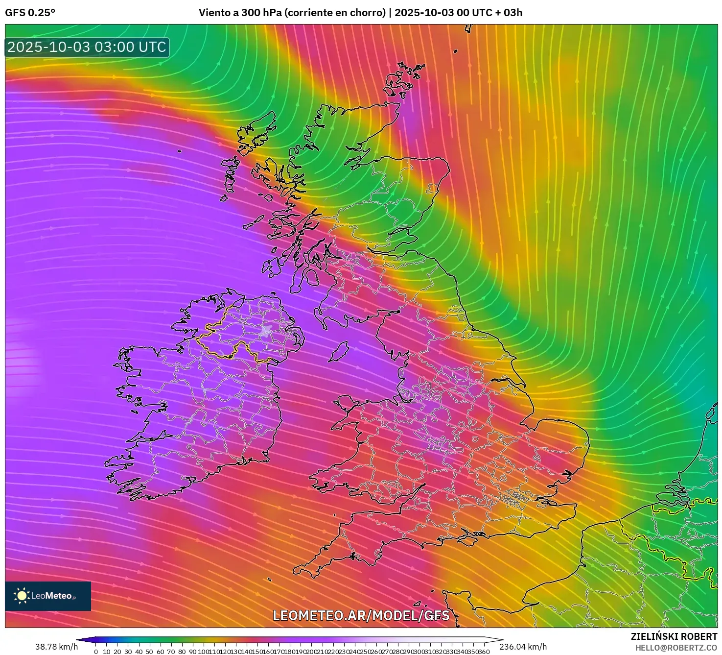 GFS model - Reino Unido, Viento a 300 hPa (corriente en chorro)