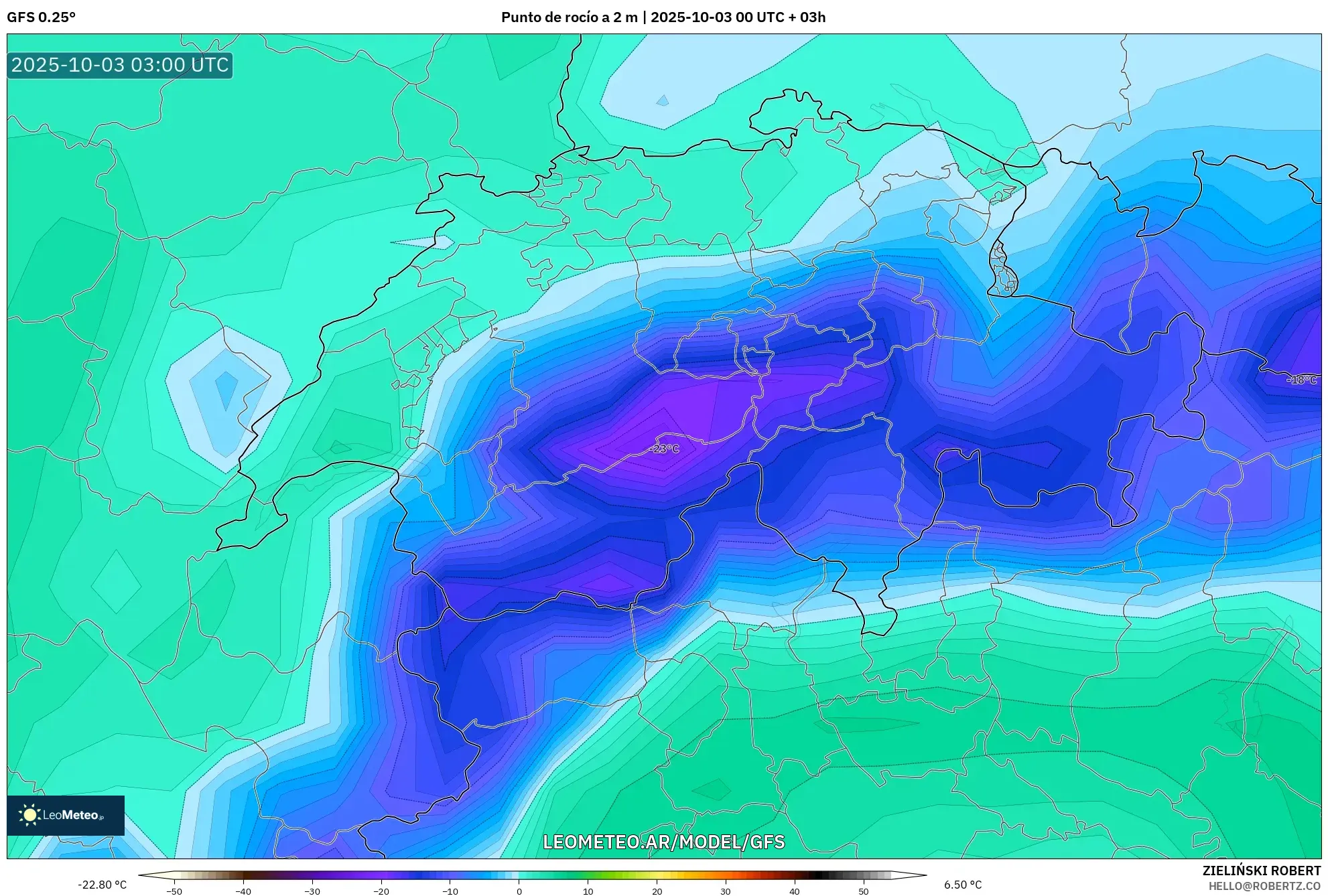 GFS model - Suiza, Punto de rocío a 2 m