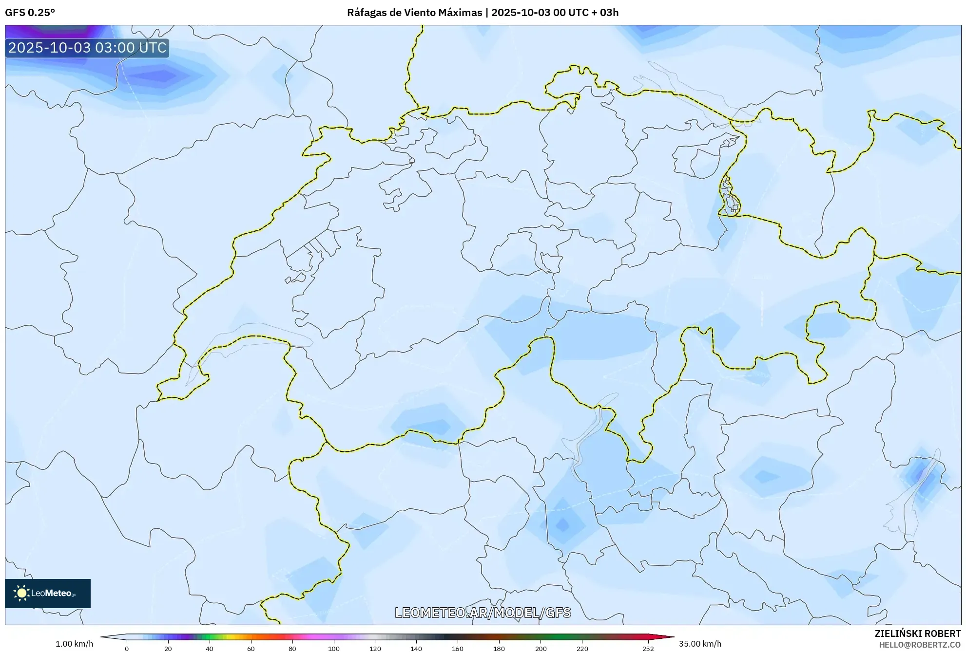 GFS model - Suiza, Ráfagas de Viento Máximas