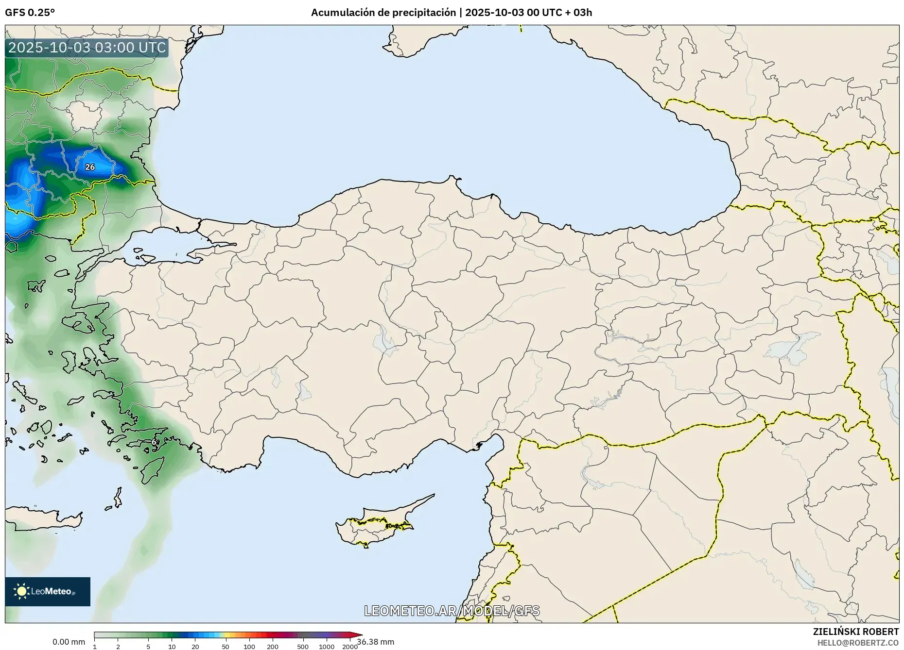 GFS model - Turquía, Acumulación de precipitación