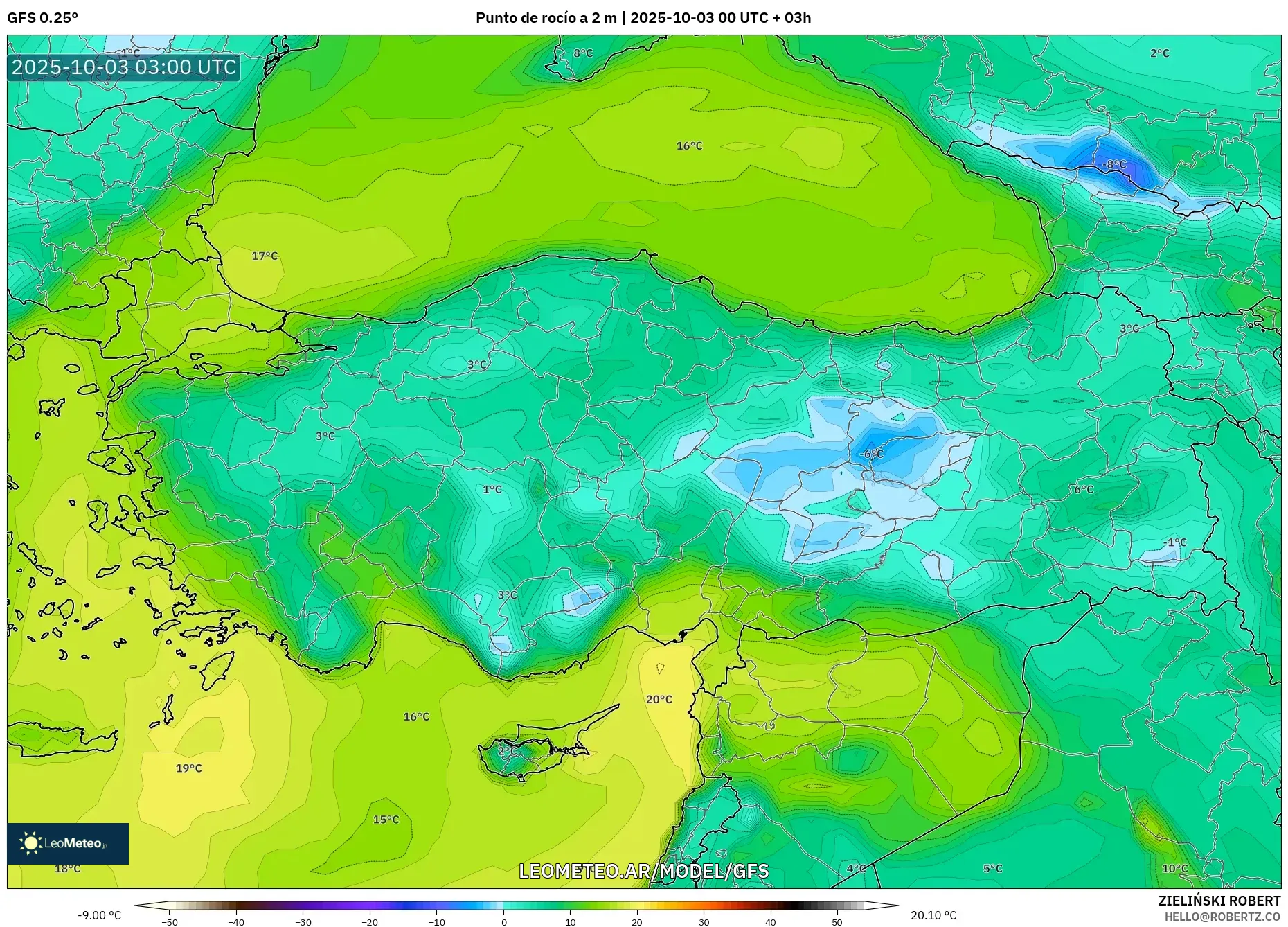 GFS model - Turquía, Punto de rocío a 2 m
