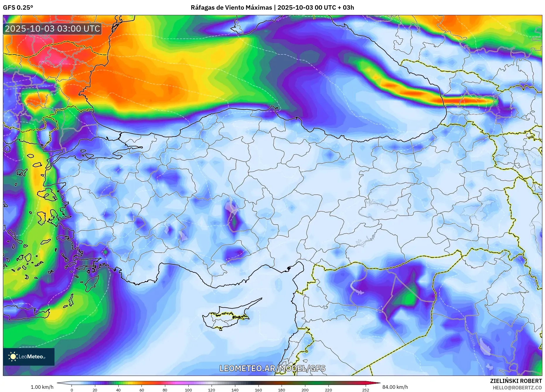 GFS model - Turquía, Ráfagas de Viento Máximas