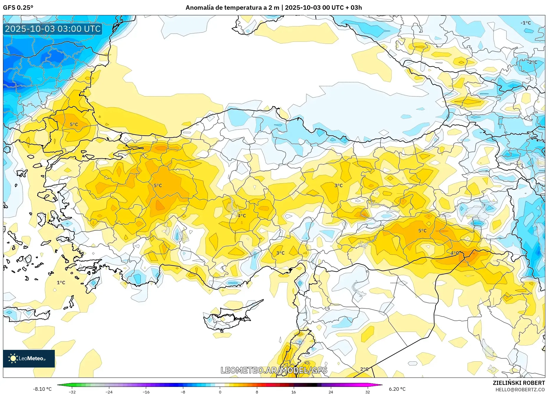 GFS model - Turquía, Anomalía de temperatura a 2 m