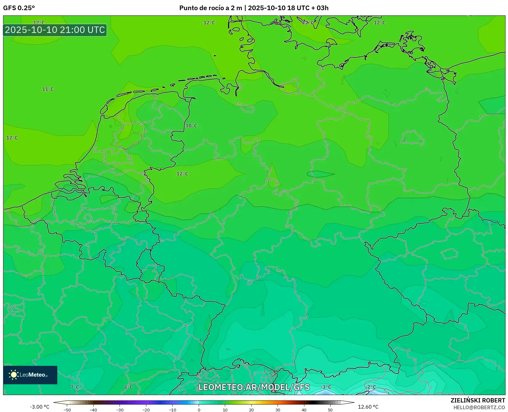 GFS model - Alemania, Punto de rocío a 2 m GFS model - Alemania, Punto de rocío a 2 m