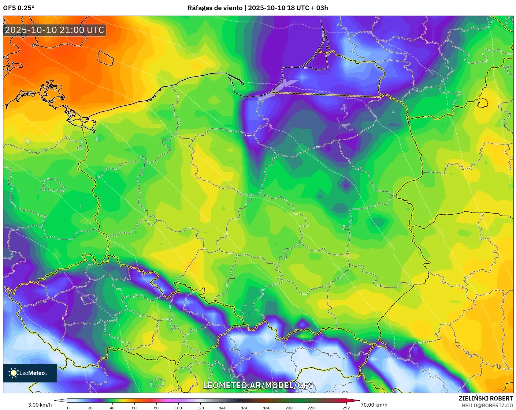 GFS model - Polonia, Ráfagas de viento GFS model - Polonia, Ráfagas de viento
