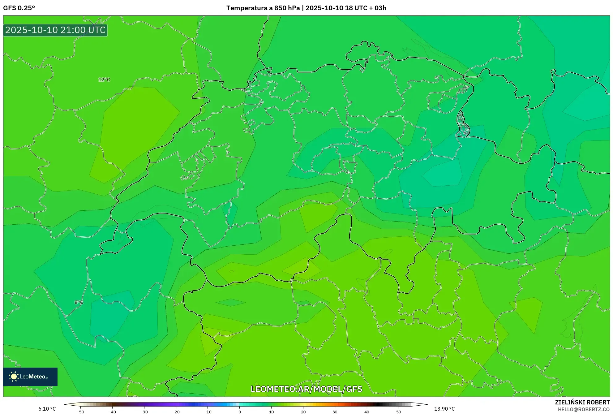 GFS model - Suiza, Temperatura a 850 hPa GFS model - Suiza, Temperatura a 850 hPa