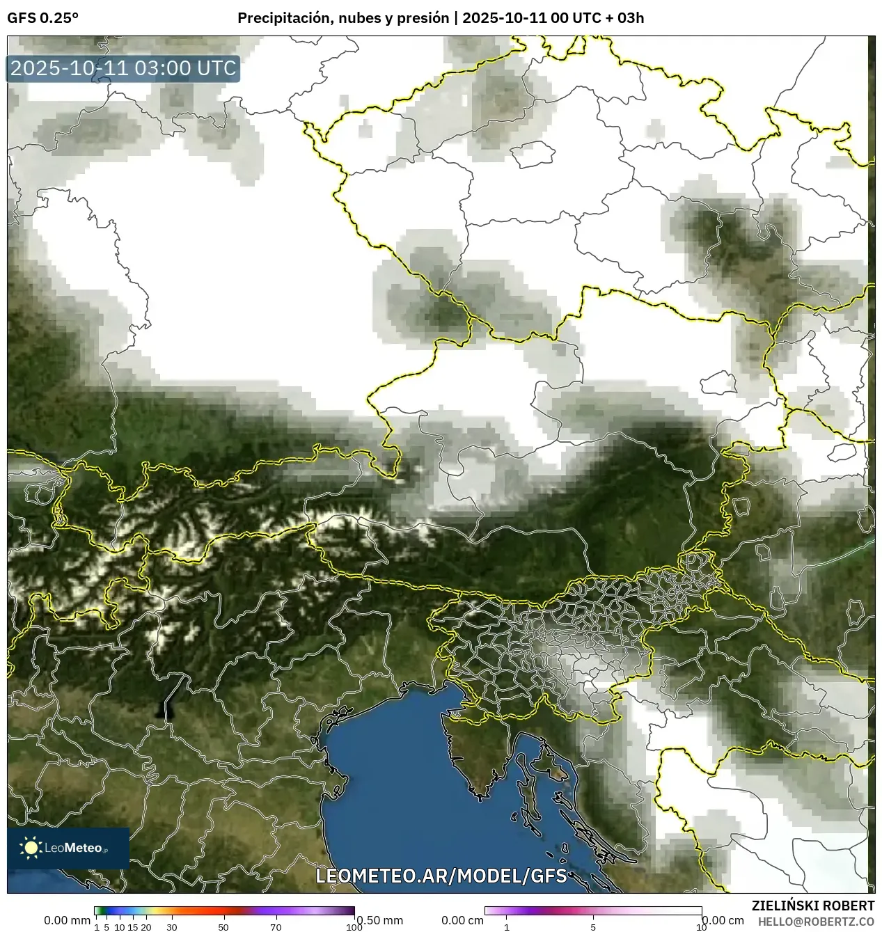 GFS model - Austria, Precipitación, nubes y presión GFS model - Austria, Precipitación, nubes y presión