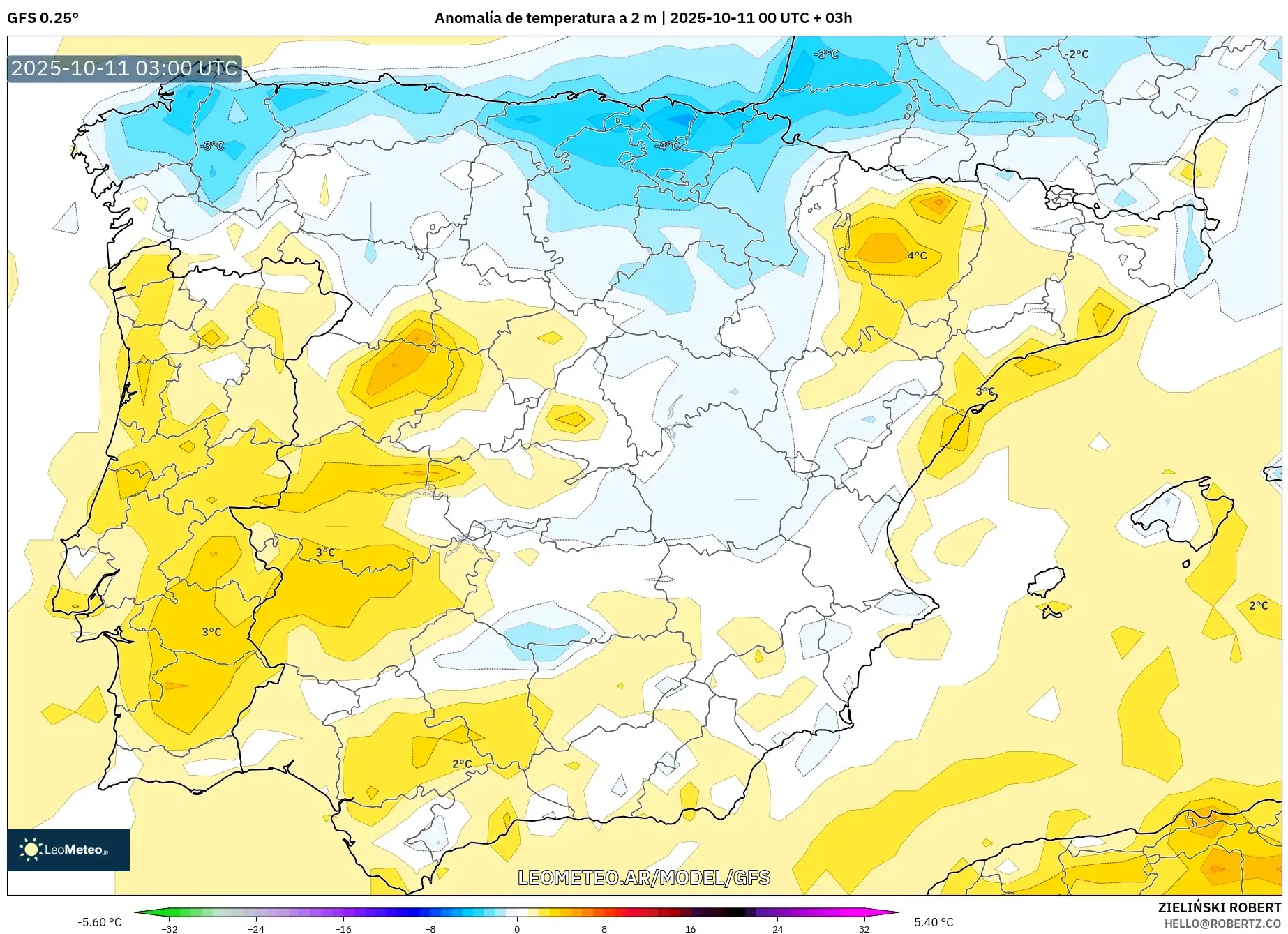 GFS model - España, Anomalía de temperatura a 2 m GFS model - España, Anomalía de temperatura a 2 m