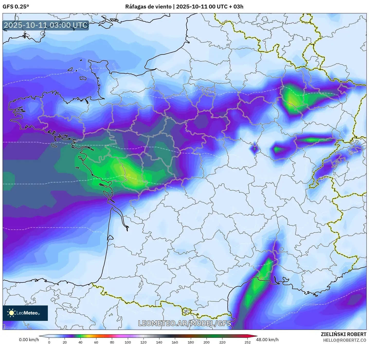 GFS model - Francia, Ráfagas de viento GFS model - Francia, Ráfagas de viento