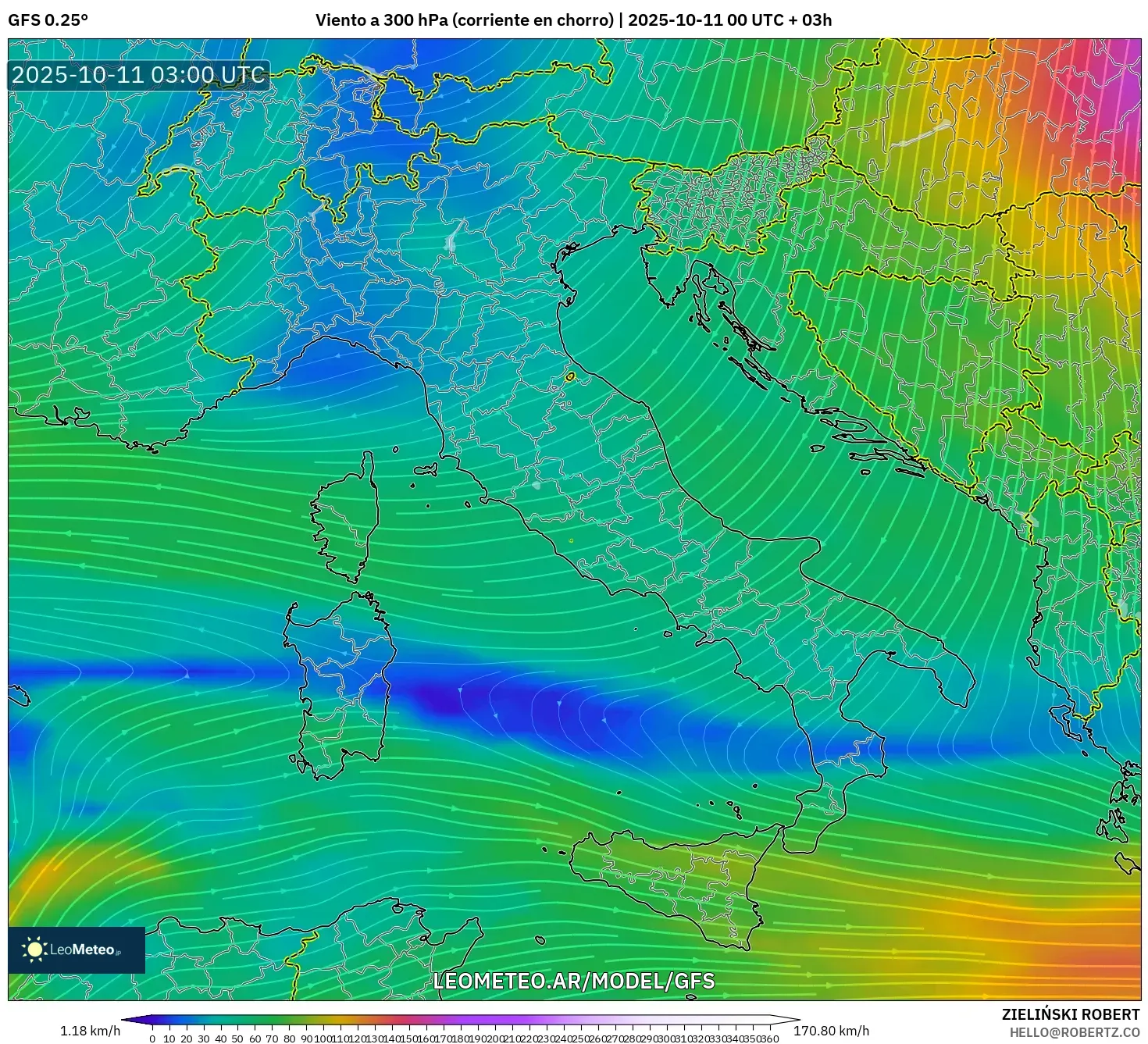 GFS model - Italia, Viento a 300 hPa (corriente en chorro) GFS model - Italia, Viento a 300 hPa (corriente en chorro)