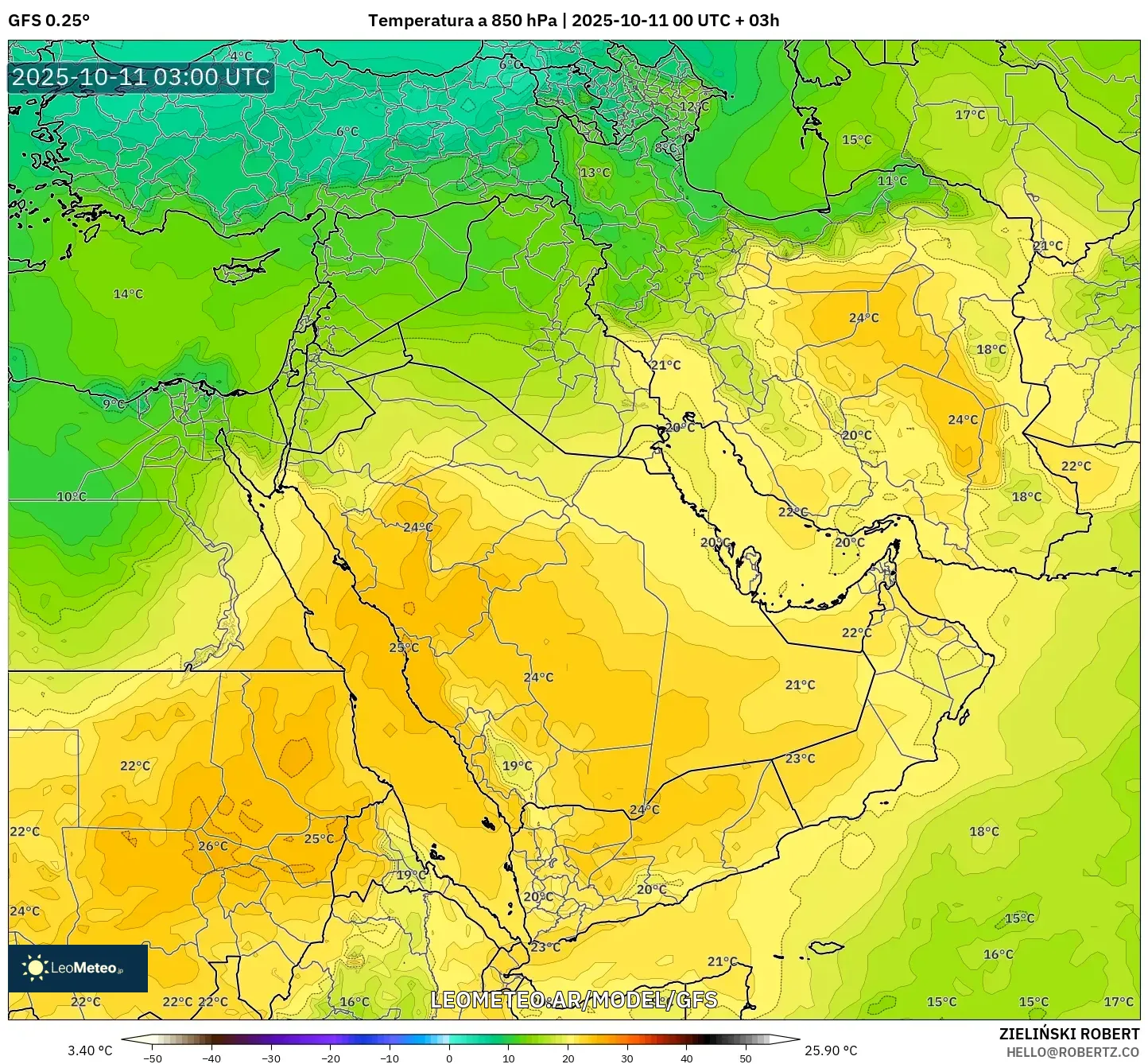 GFS model - Oriente Medio, Temperatura a 850 hPa GFS model - Oriente Medio, Temperatura a 850 hPa