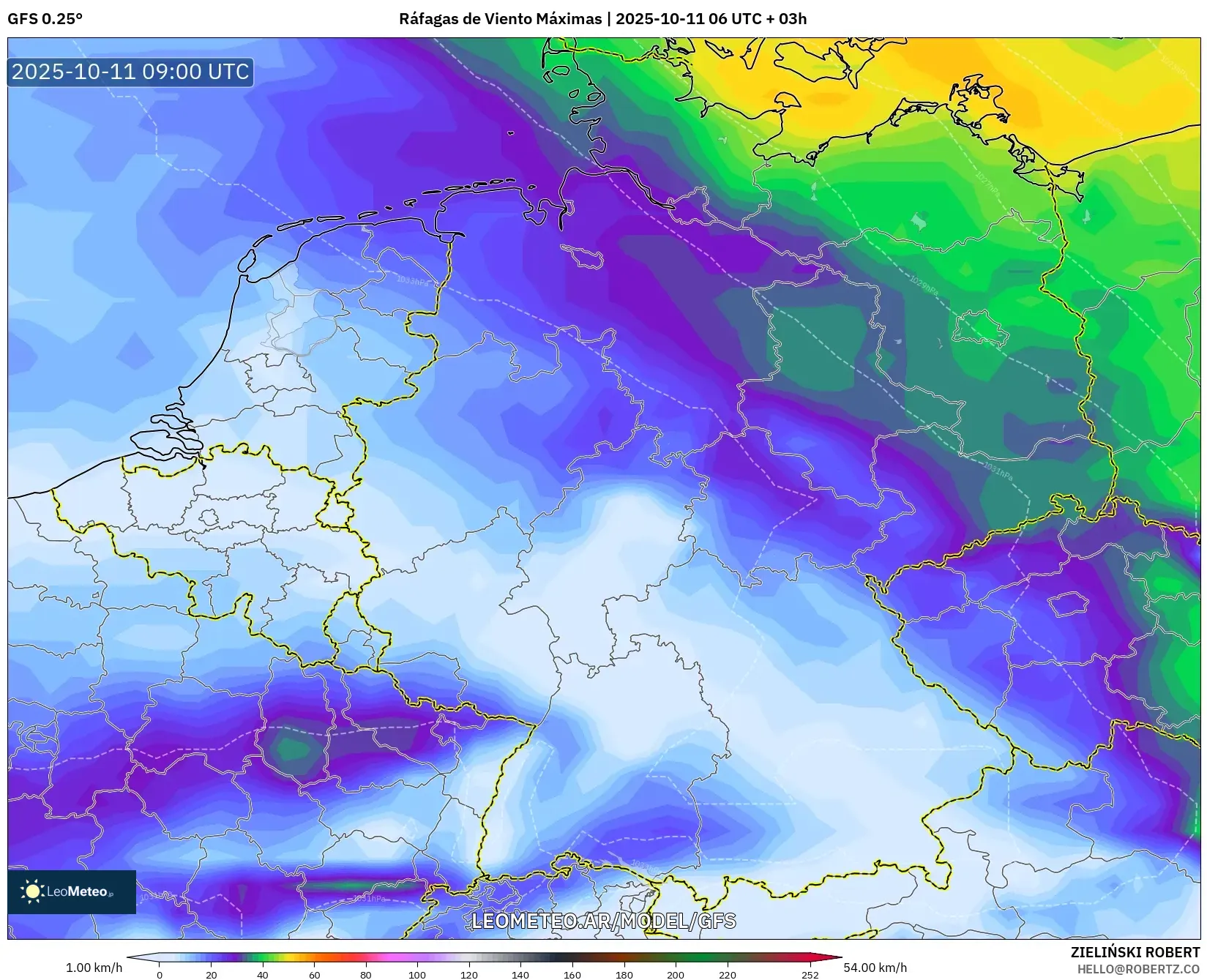 GFS model - Alemania, Ráfagas de Viento Máximas GFS model - Alemania, Ráfagas de Viento Máximas