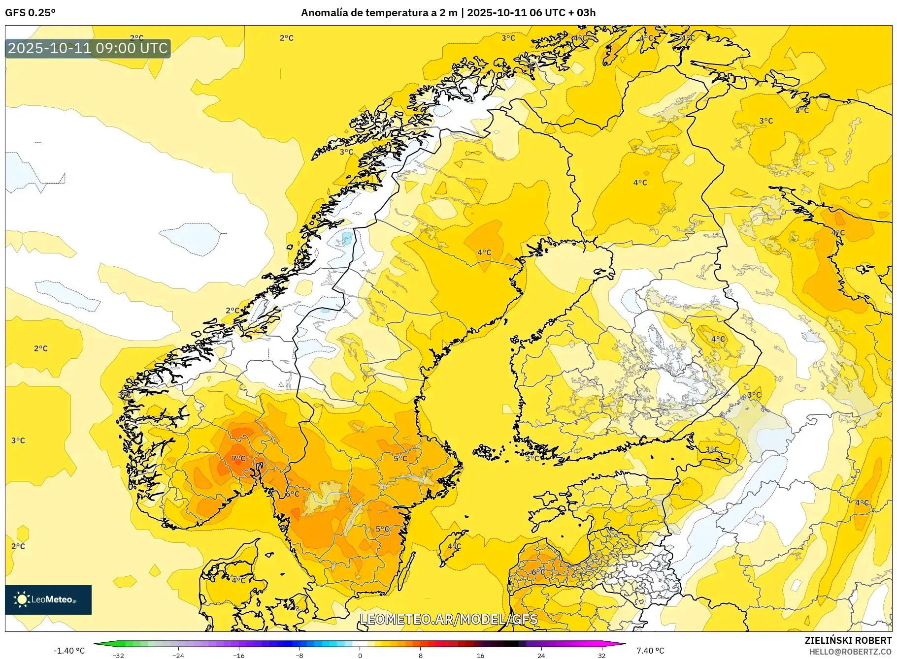 GFS model - Escandinavia, Anomalía de temperatura a 2 m