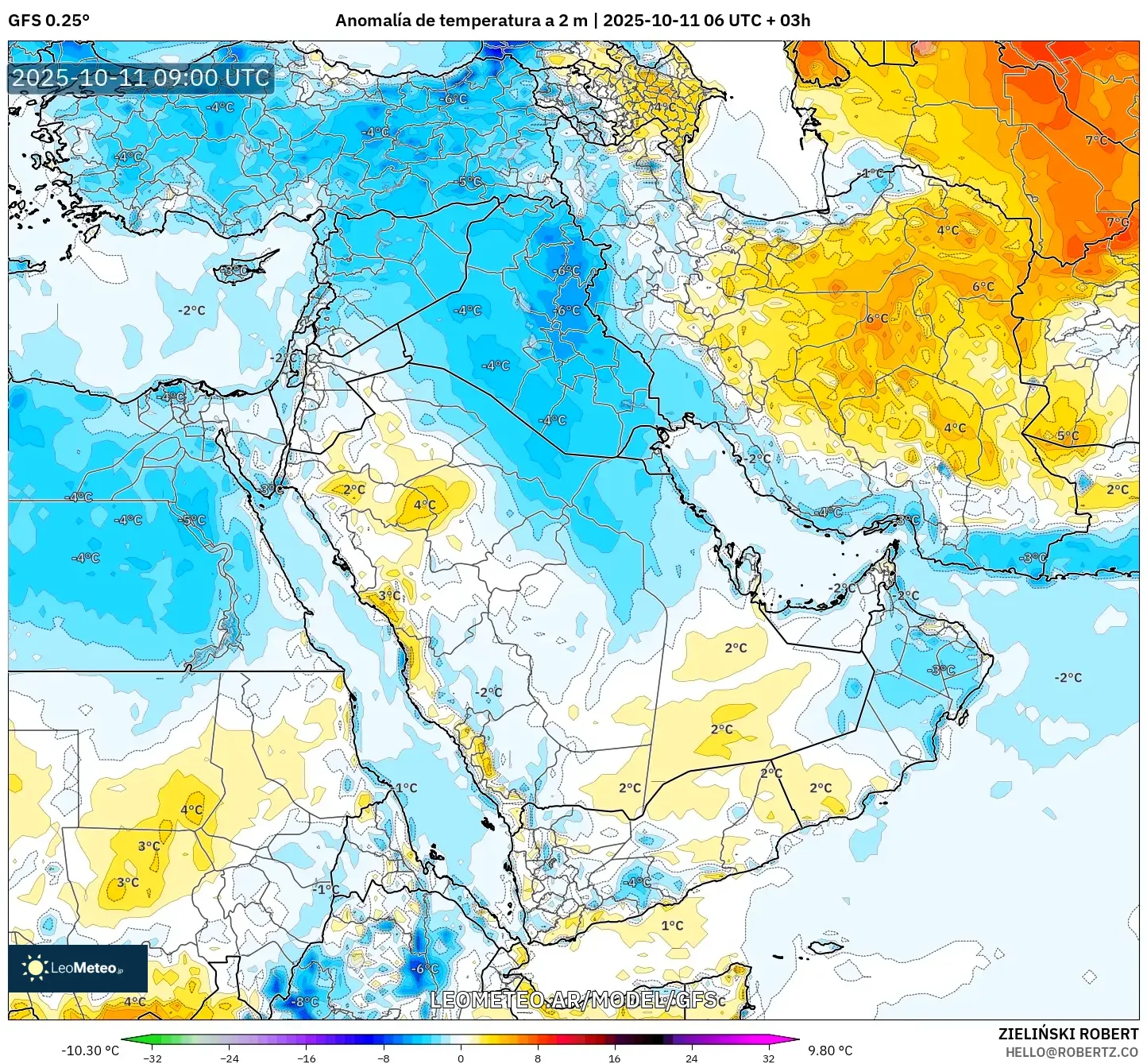 GFS model - Oriente Medio, Anomalía de temperatura a 2 m GFS model - Oriente Medio, Anomalía de temperatura a 2 m