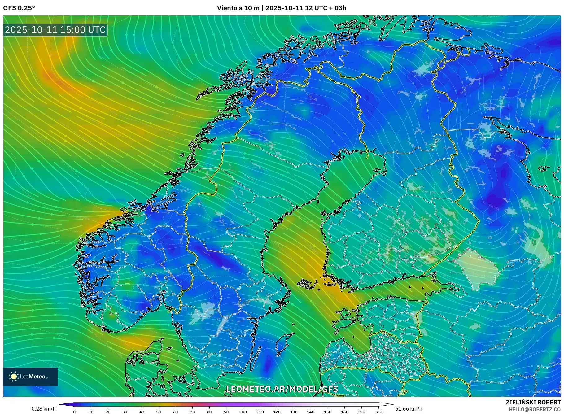 GFS model - Escandinavia, Viento a 10 m GFS model - Escandinavia, Viento a 10 m