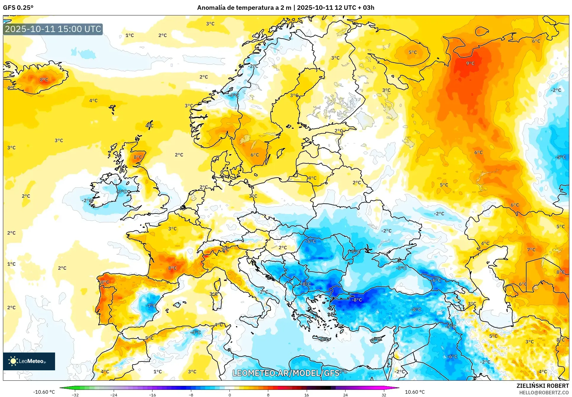 GFS model - Europa, Anomalía de temperatura a 2 m