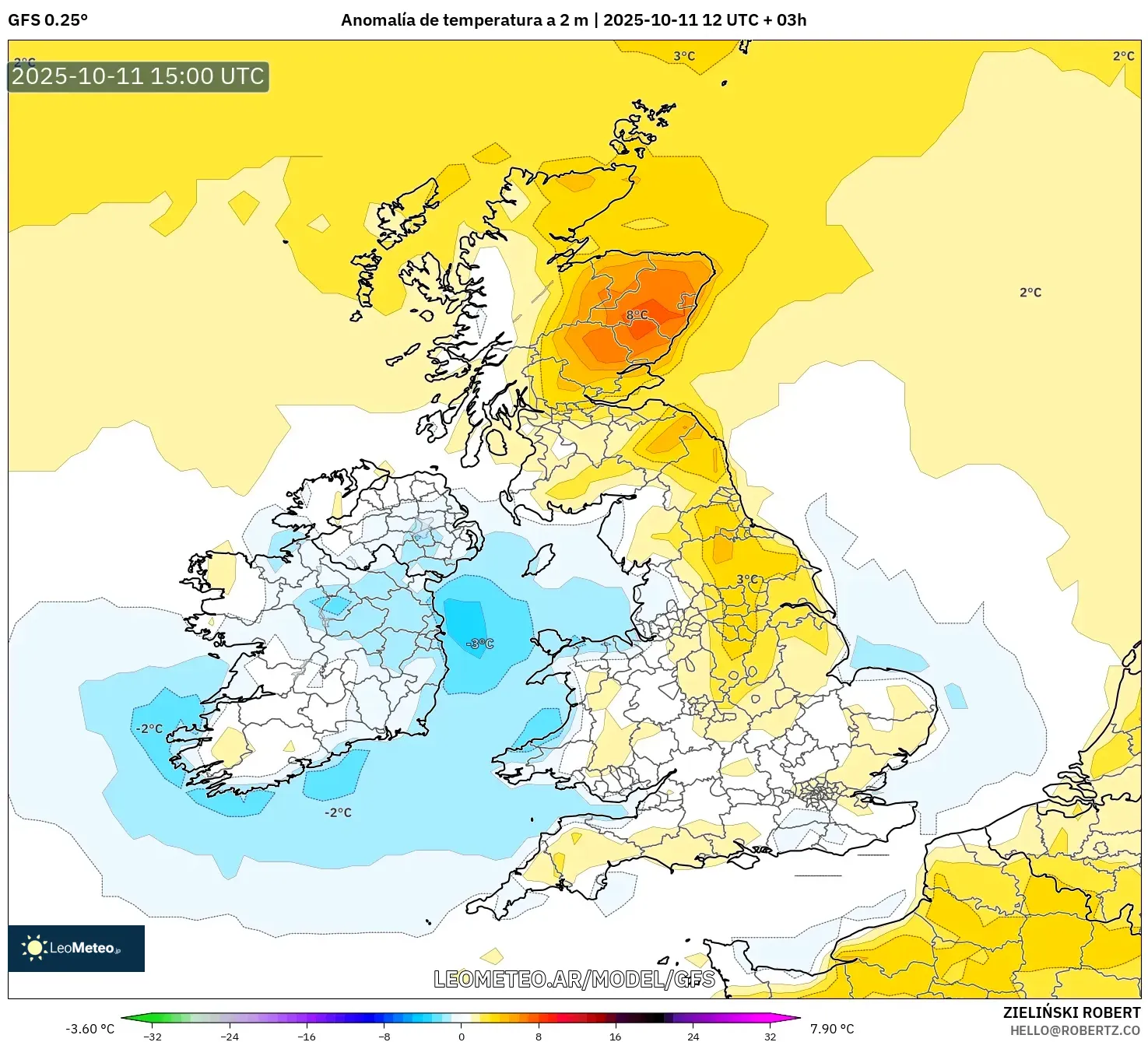 GFS model - Reino Unido, Anomalía de temperatura a 2 m GFS model - Reino Unido, Anomalía de temperatura a 2 m
