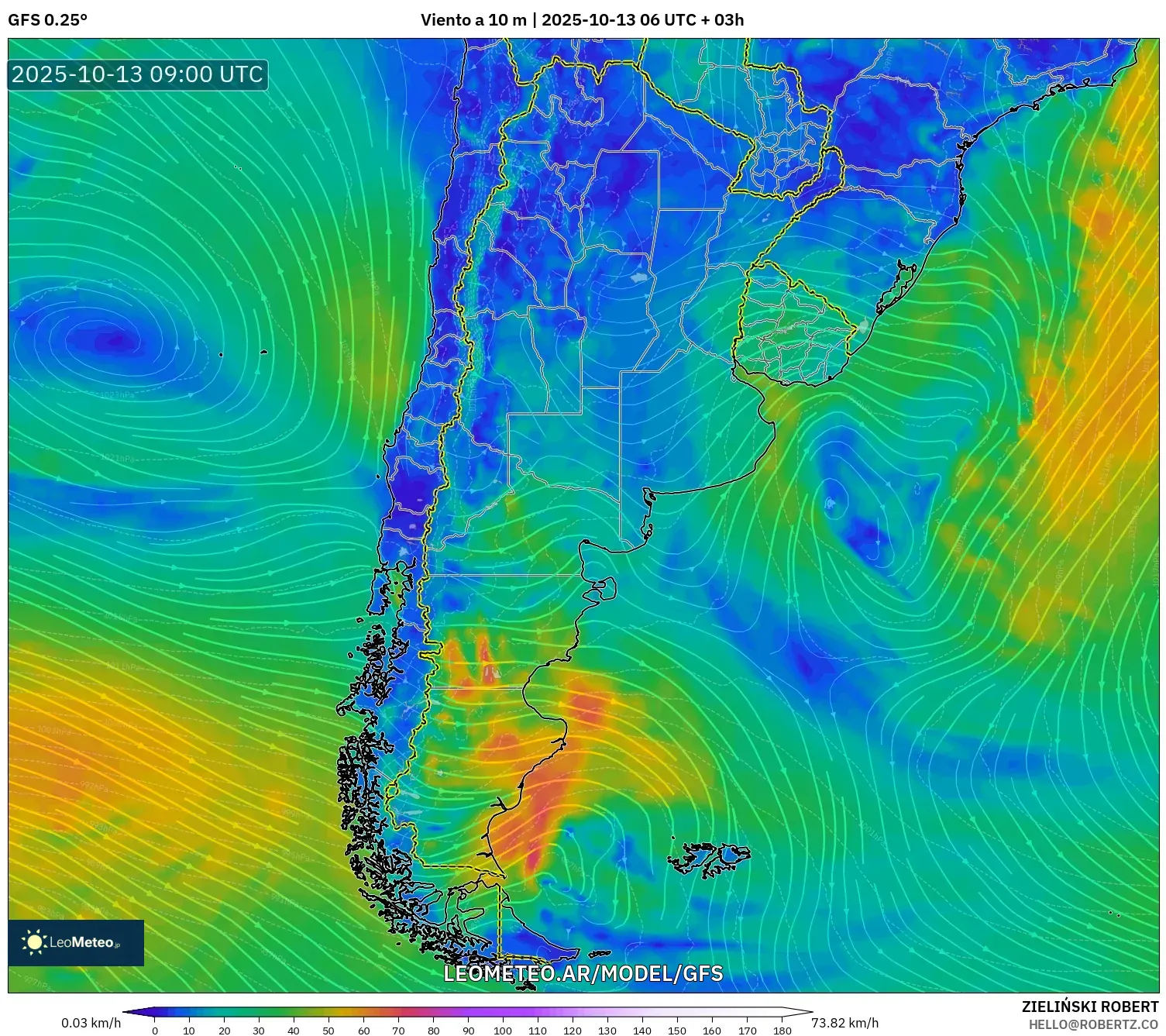 GFS model - Argentina, Viento a 10 m