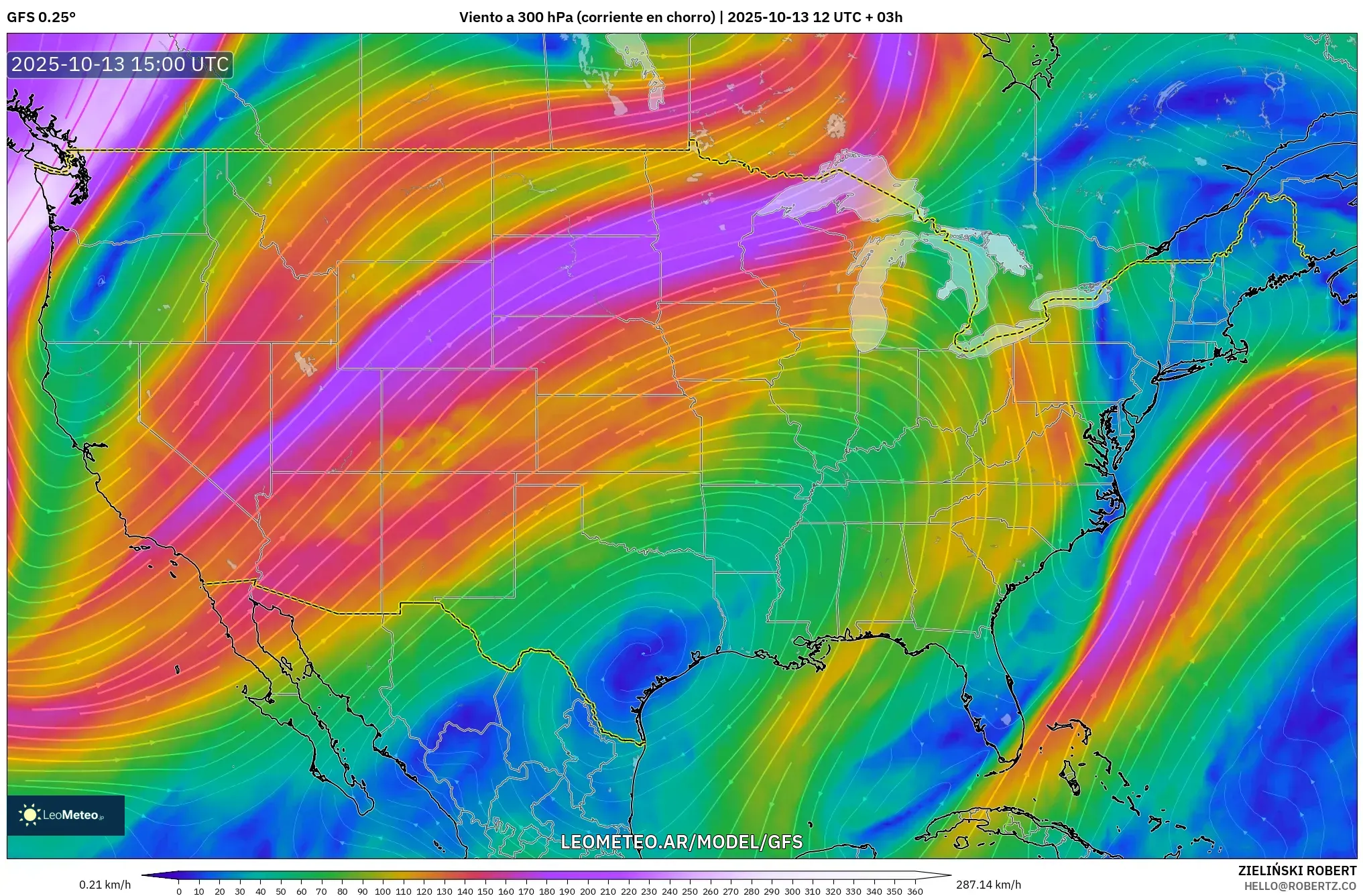 GFS model - Estados Unidos, Viento a 300 hPa (corriente en chorro) GFS model - Estados Unidos, Viento a 300 hPa (corriente en chorro)