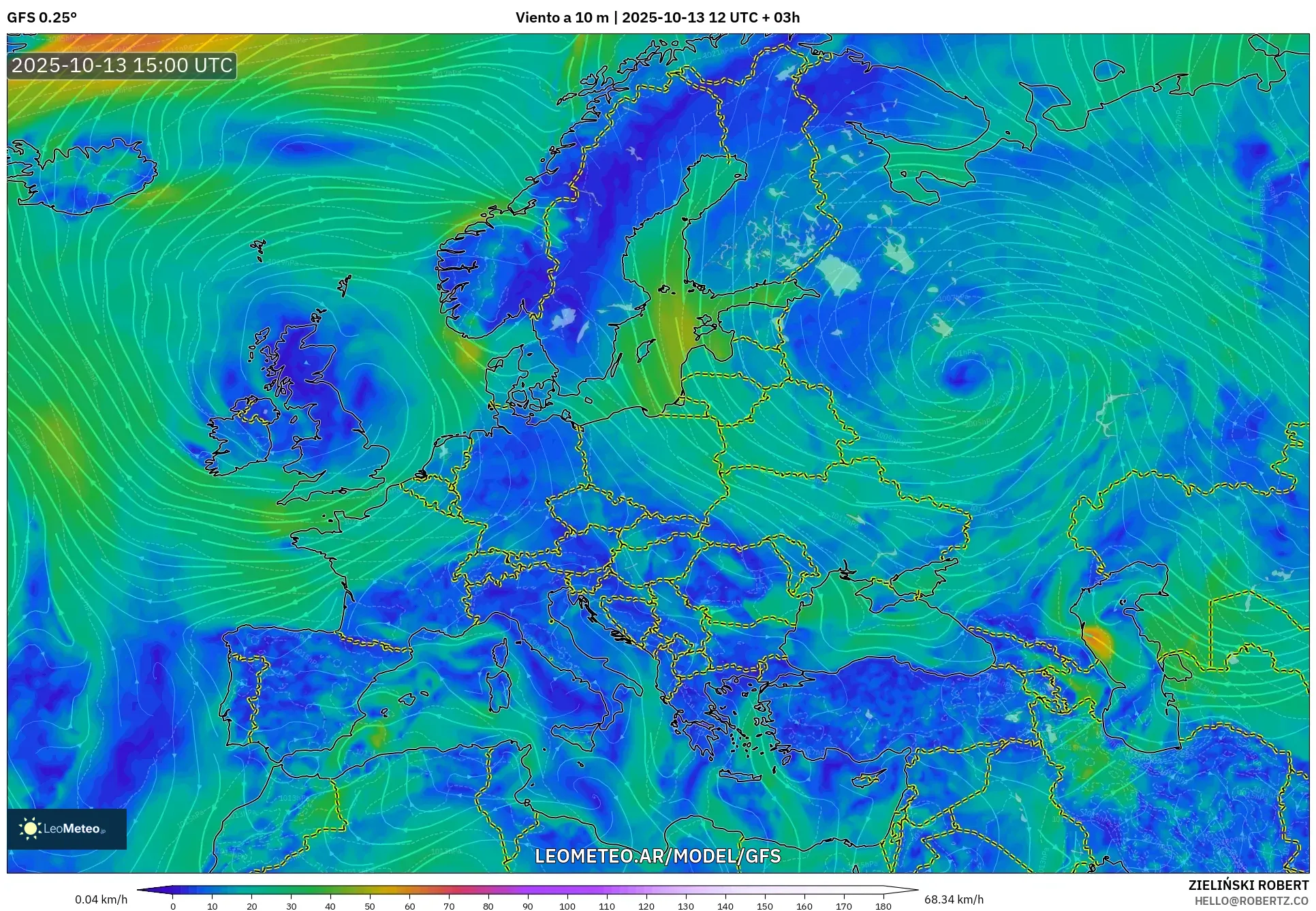 GFS model - Europa, Viento a 10 m GFS model - Europa, Viento a 10 m