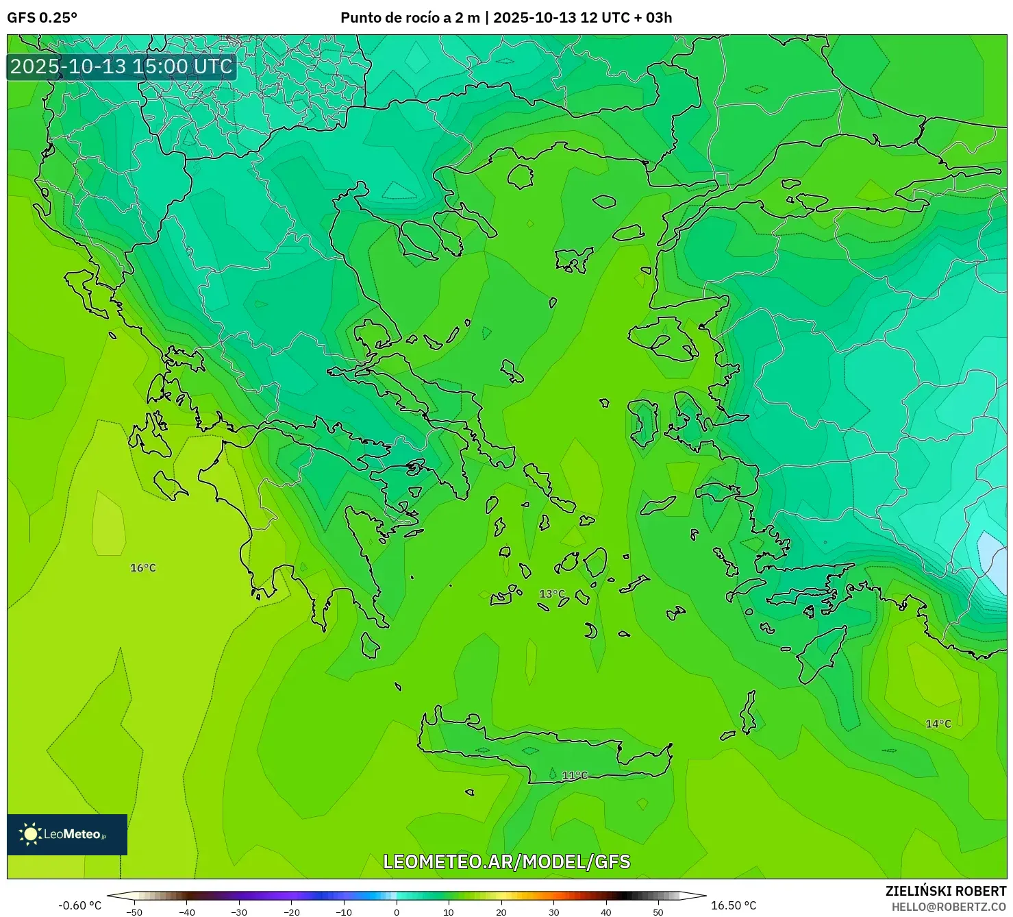 GFS model - Grecia, Punto de rocío a 2 m